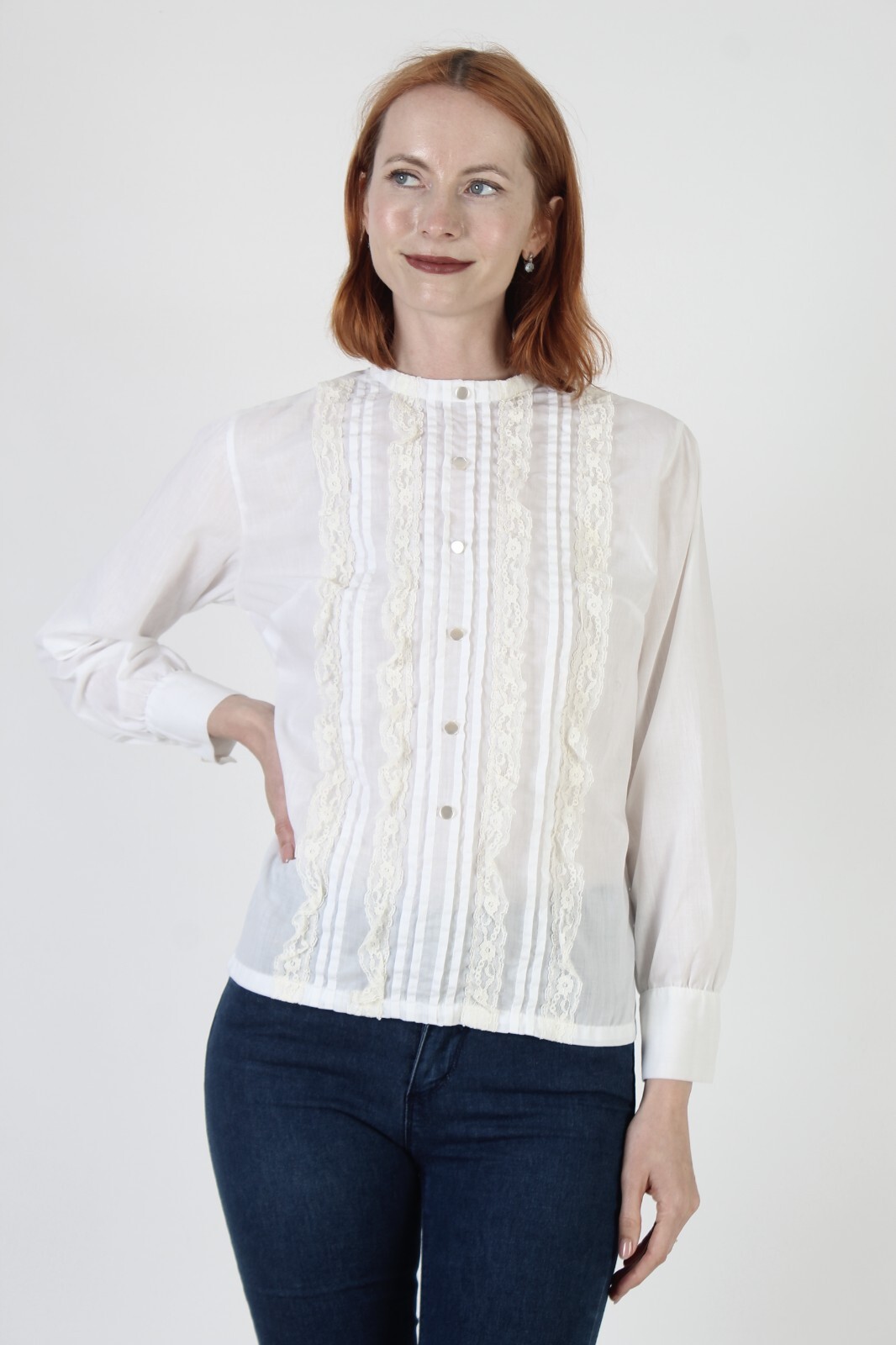 Vtg Off Wht Vertical Pleated Sheer Lace Blouse Victorian Button Up Tunic Shirt