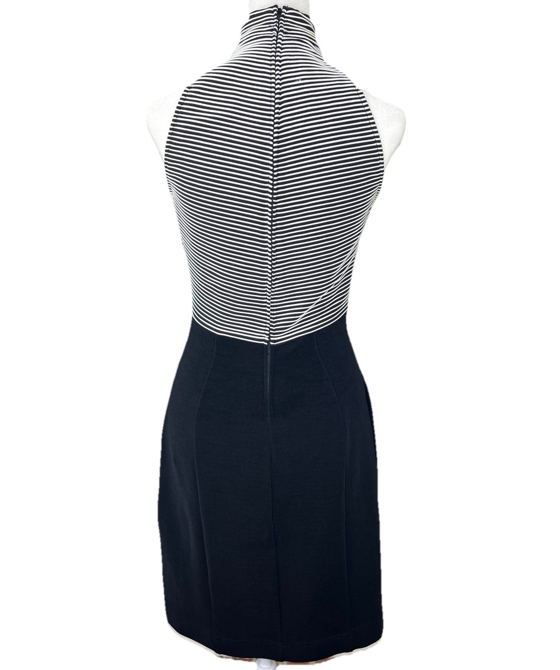 Vintage Y2K Retro TADASHI Black Striped Halter Top Bandage Fitted Dress MEDIUM
