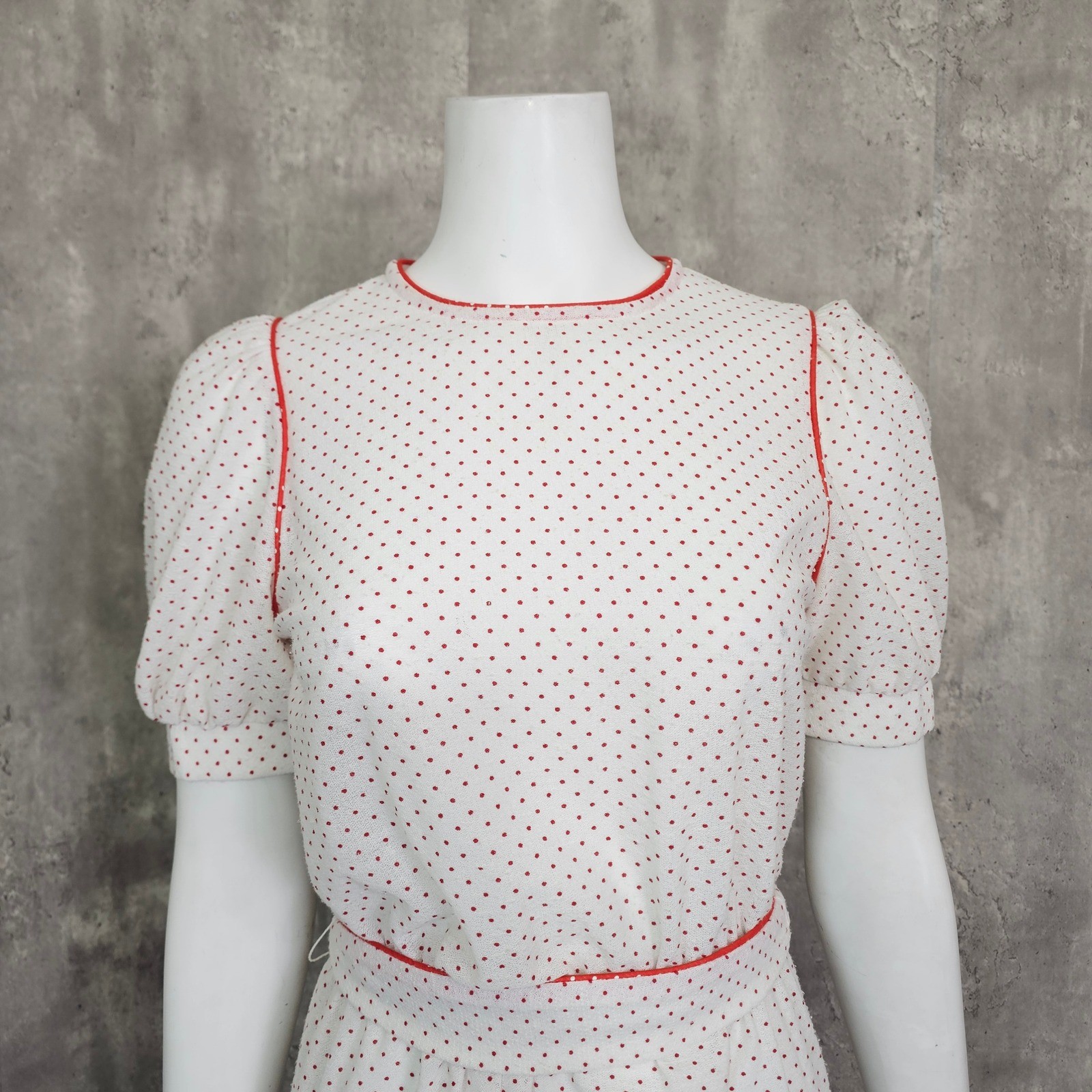 Vintage Sheer Crepe Nylon Red Polka Dot Puff Sleeve Cottagecore Prairie Dress