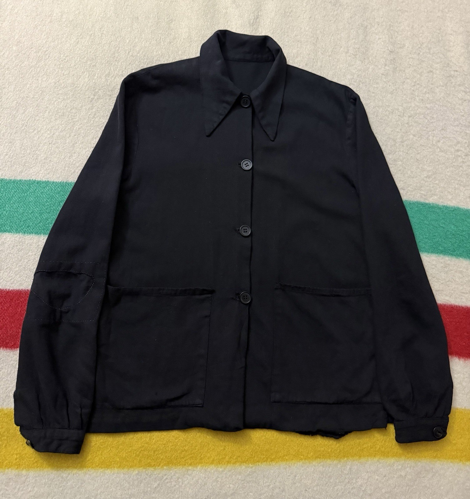 Vintage 40s 1940s Women’s Black Rayon Cotton Light Chore Jacket Size Small S