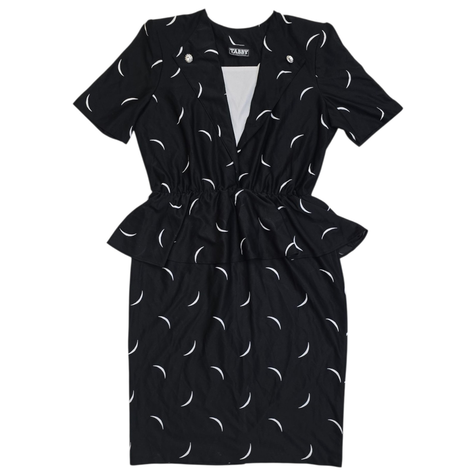 Vintage Tabby of California Dress Peplum Waist Black White Crescent Moon M 80s