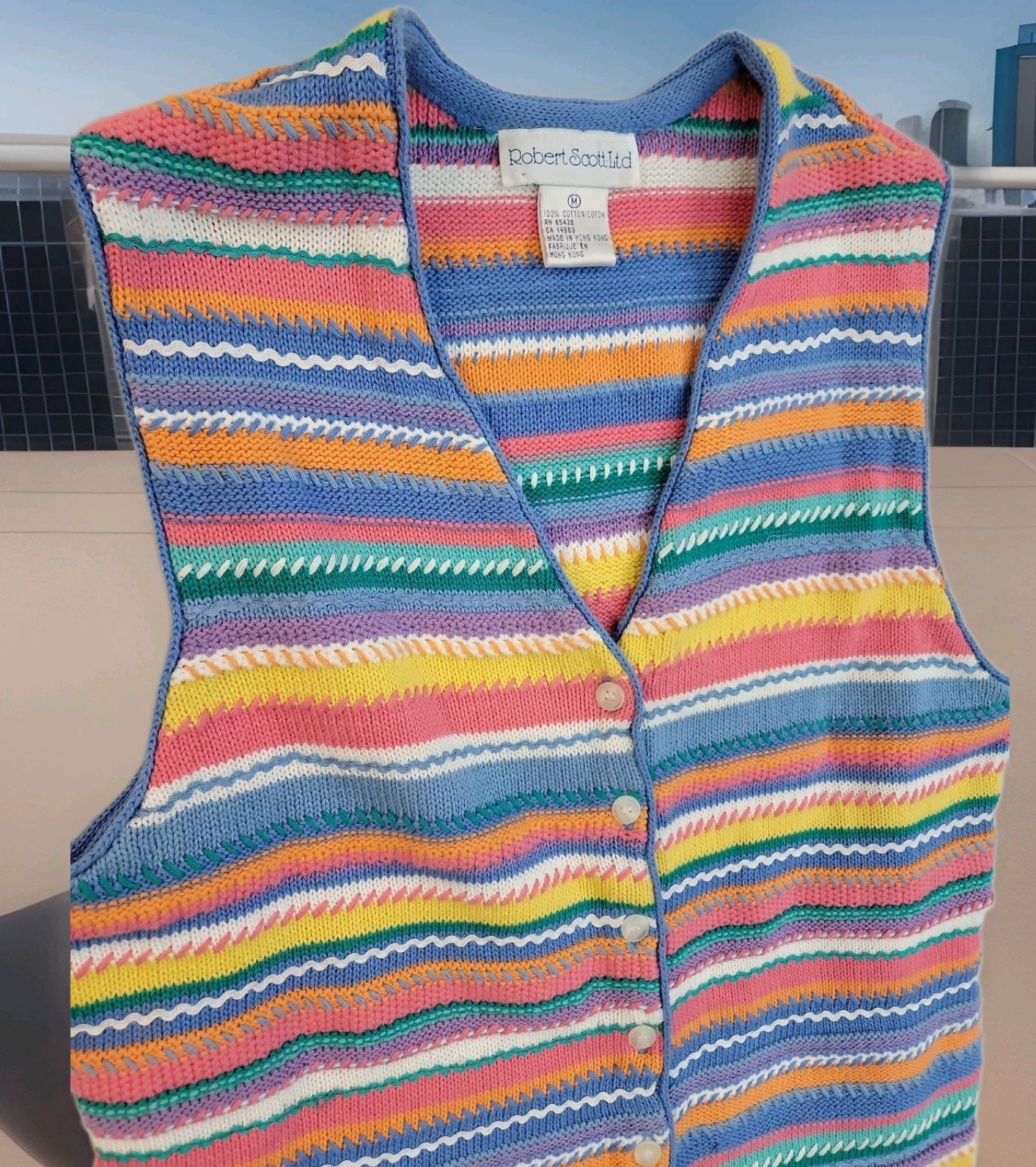 VTG 90s ROBERT SCOTT-LTD Stripe Crochet Womans Vest Med 17×22