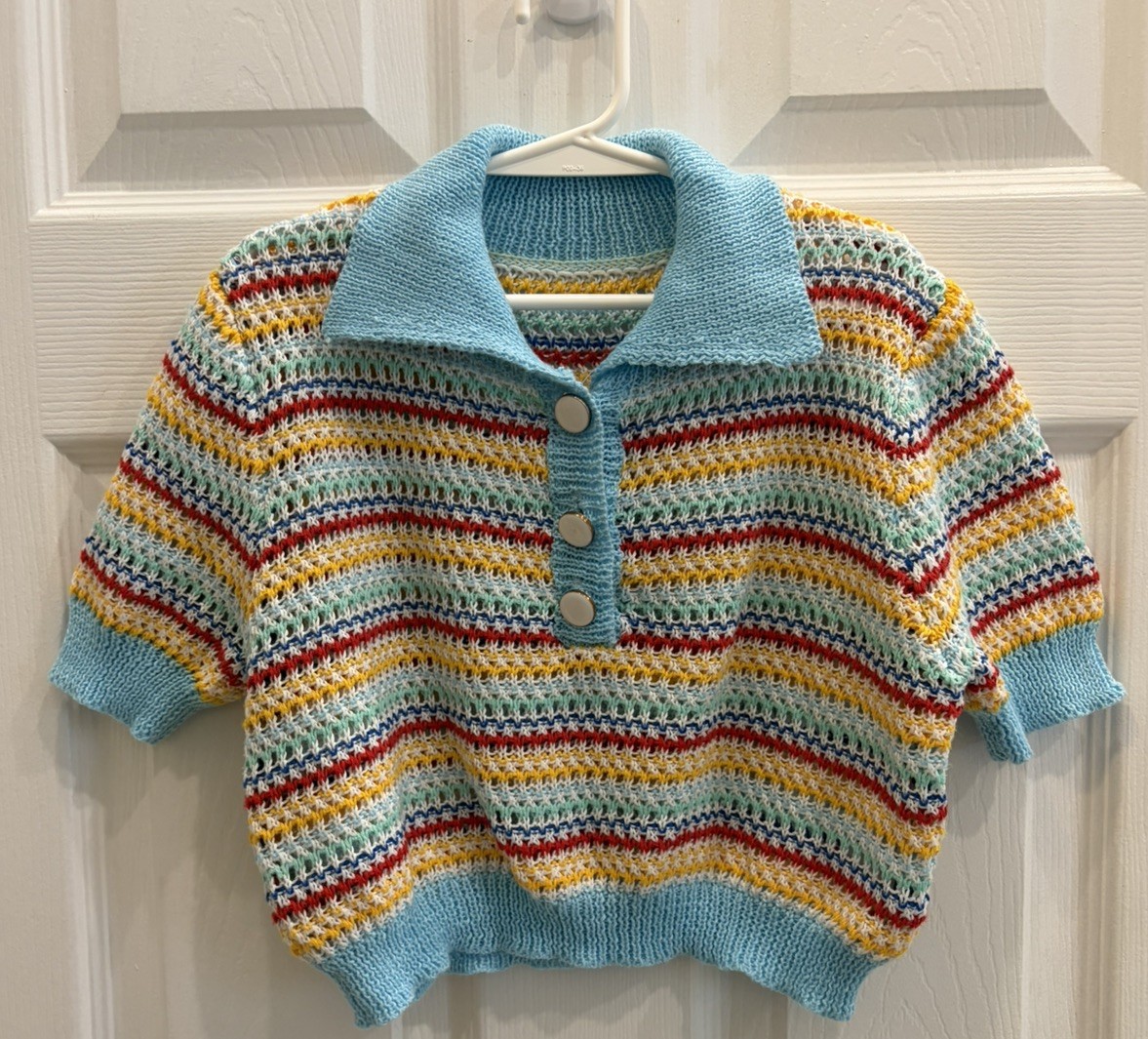 Vintage Handmade Crochet Sweater Top, Stripe Blue Collared Short Sleeve, Crop