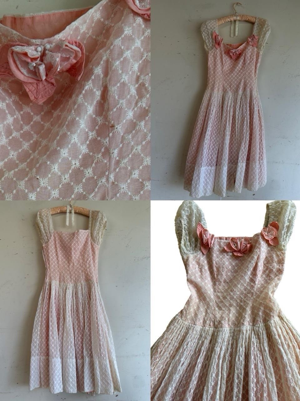 1940s blush pink puff sleeve fairy cottage princess floral appliqué party dress