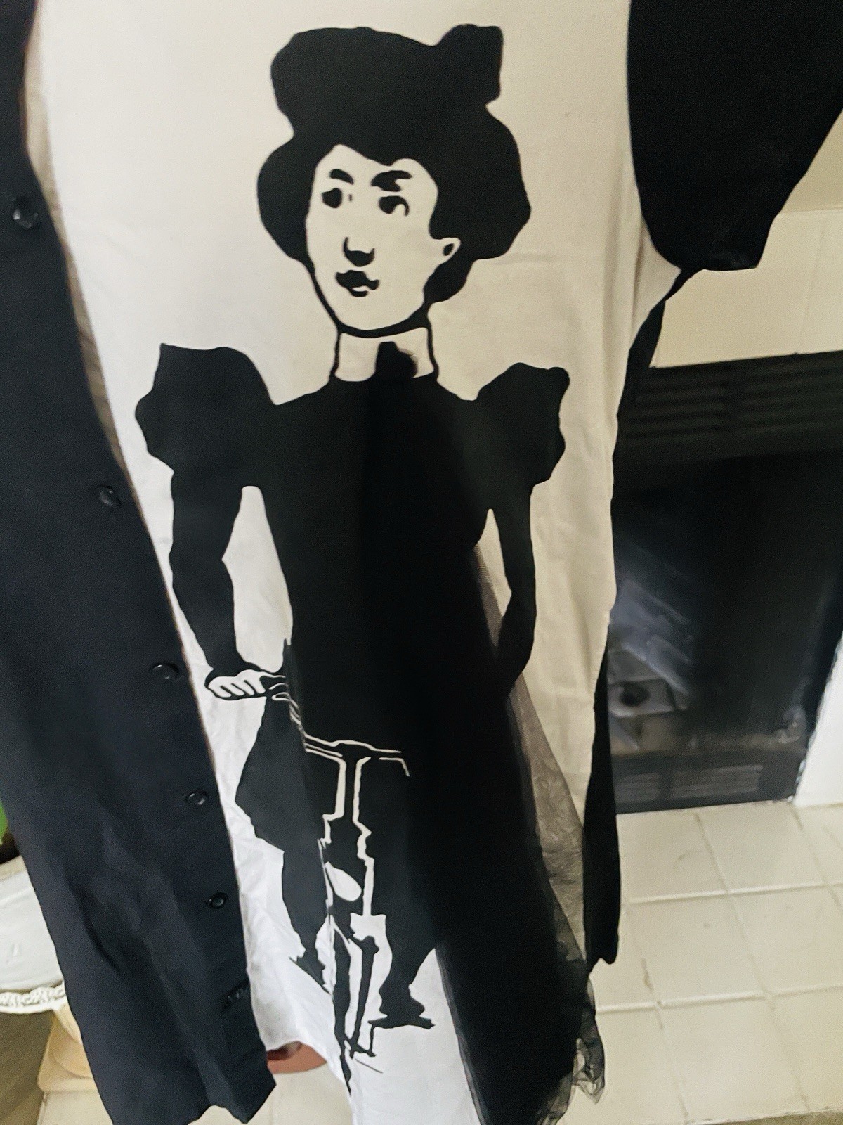 Art Shirt Dress Black White Midi French Cafe Girl Bicycle Lady Tulle S Vintage