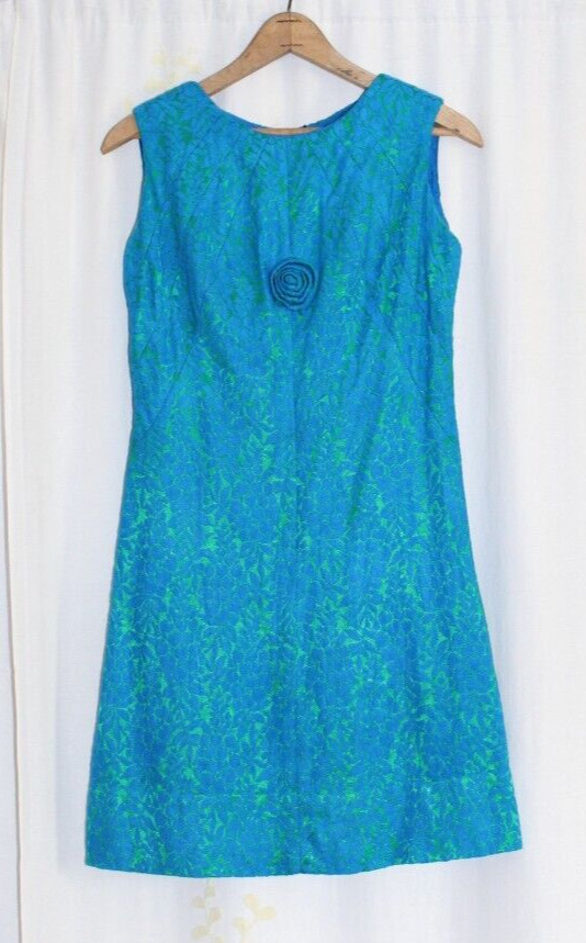 Vintage Mod Nadine Jr Petites Blue Green Floral Brocade Shift Dress Women’s S/M