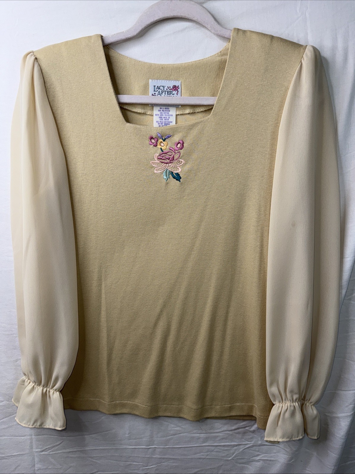 Vtg 80s Lacy After Noon Shell Kepler Beige pullover top sheer sleeves Embroidery