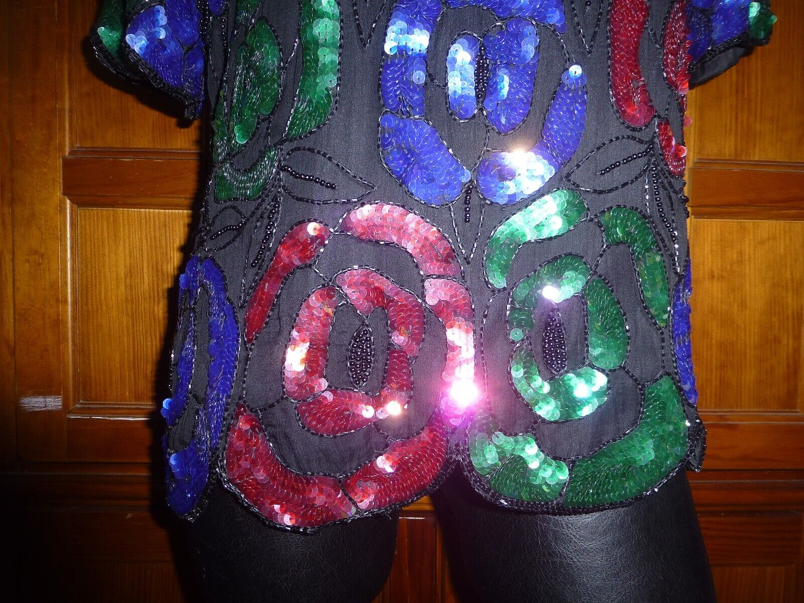 Vtg 80s SEQUIN Beads Embroidered SILK Floral Evening Party Top Blouse XL