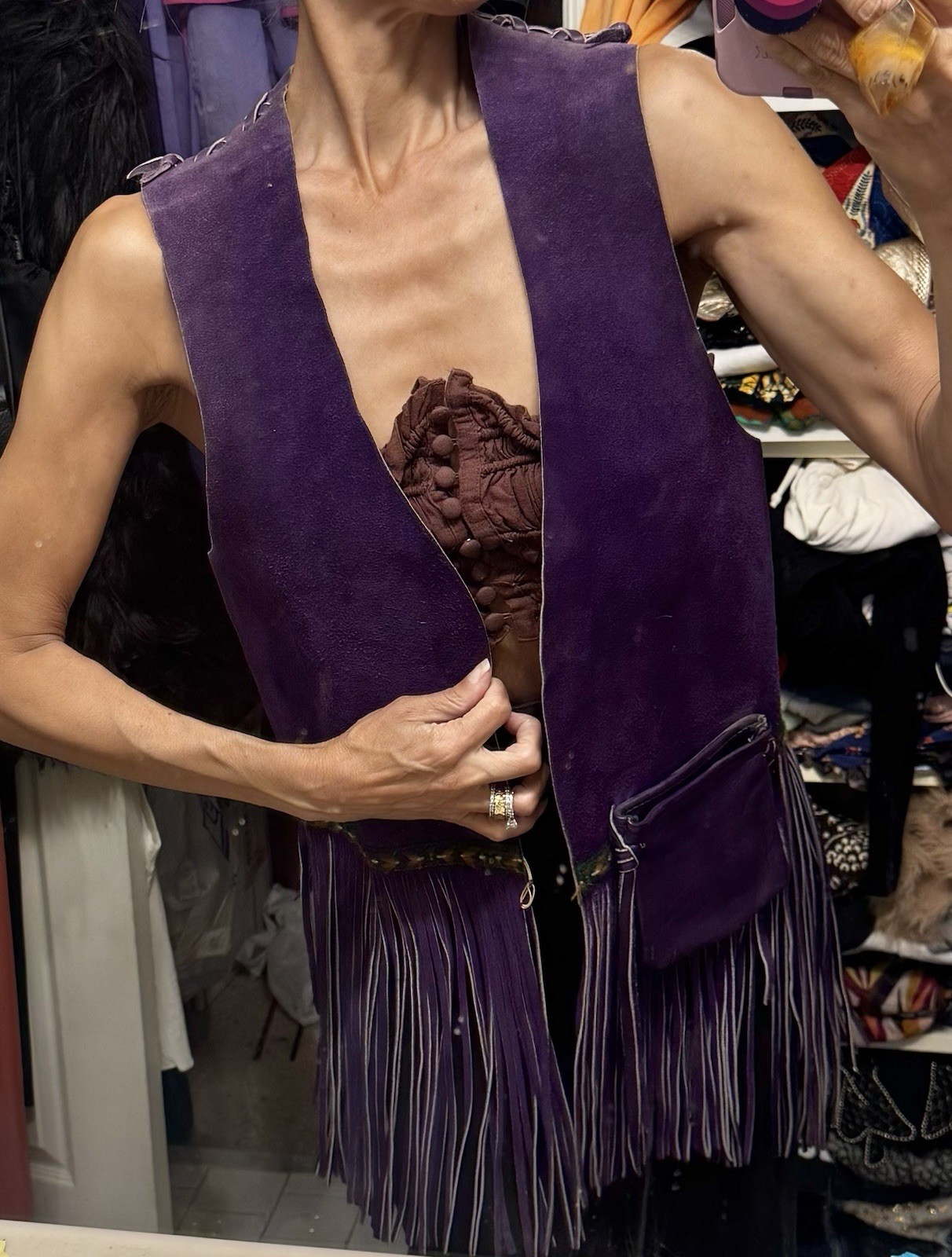 Vtg 70s Purple Leather Suede Vest Fringe Pocket Boho Rock Star Jacket Unisex
