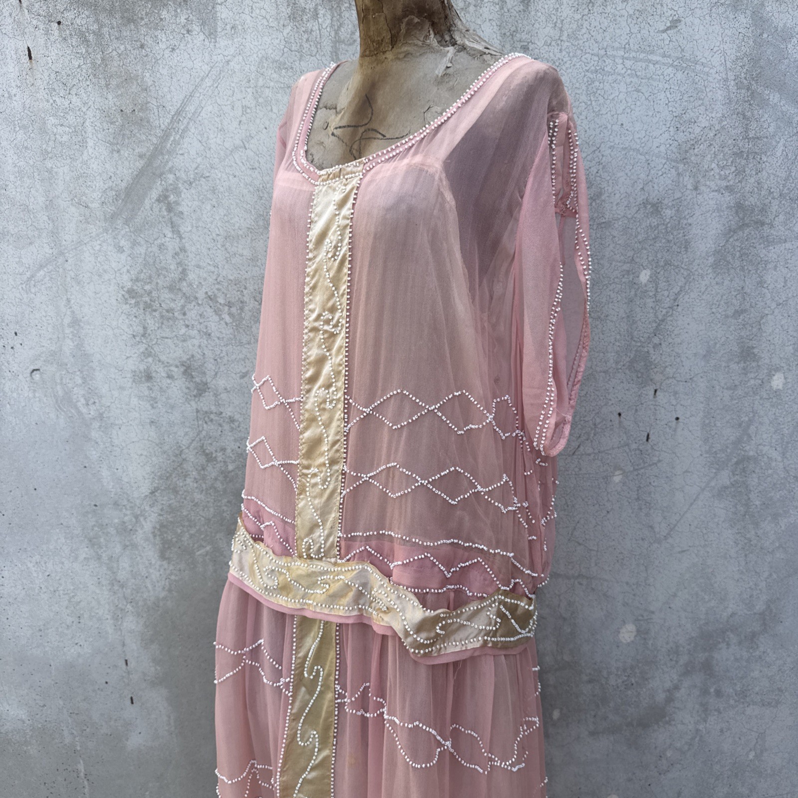 Antique 1920s Pink Silk Chiffon Dress Beaded Waves Oppenheim Collins Vintage
