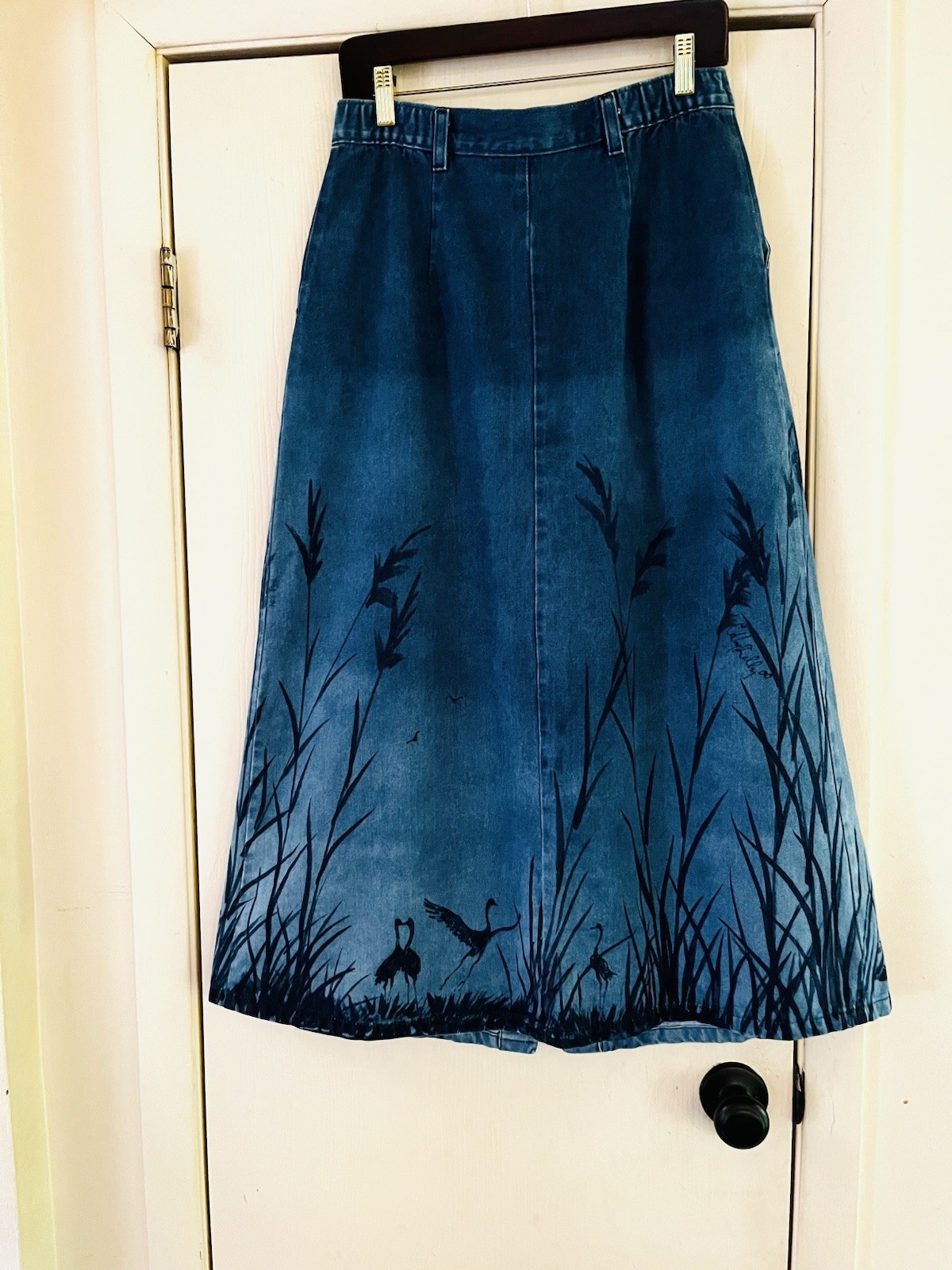 VTG 90s Denim Handpainted Coastal Grandma Yacht Sailing Cape Cod Midi Skirt M/L