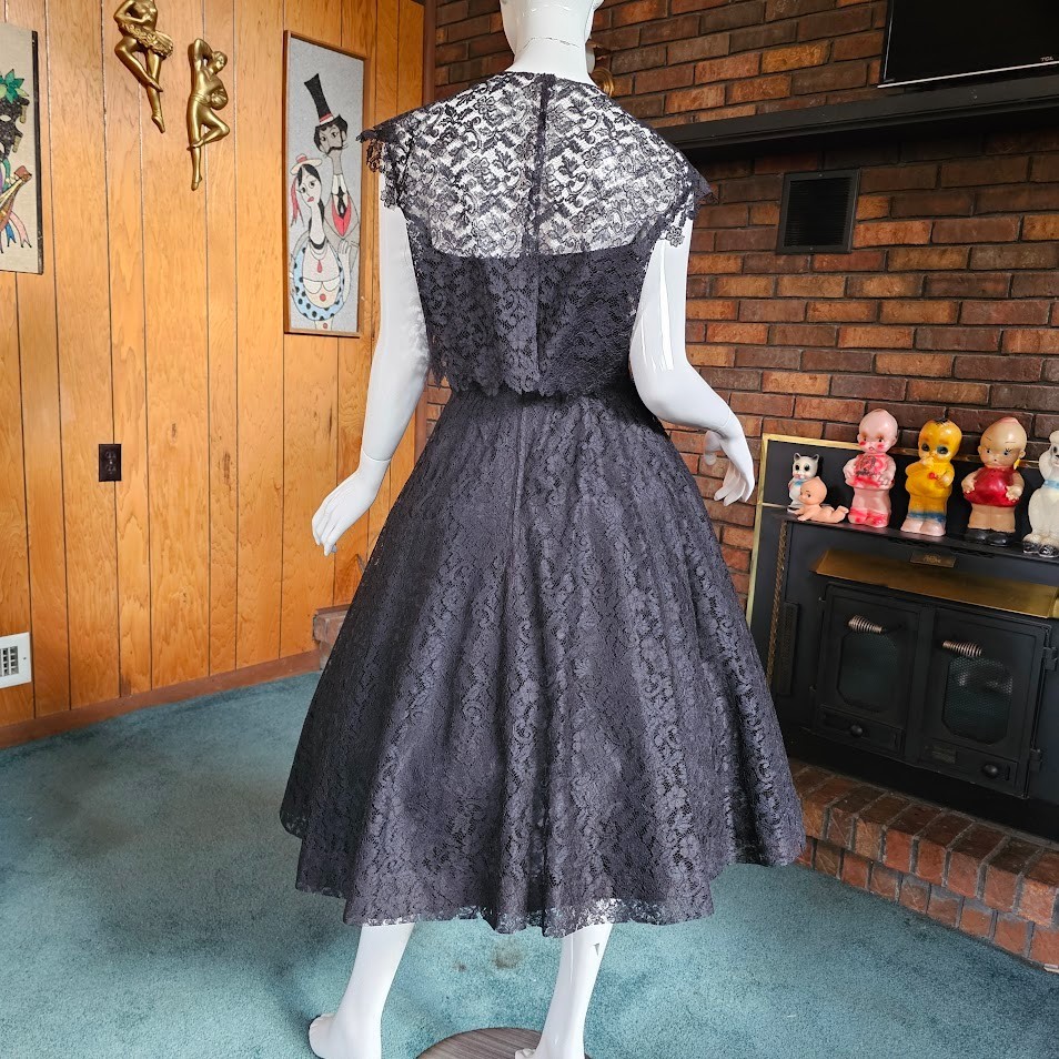 Vintage 1950s Black Lace Circle Prom Evening Cocktail Party Dress w/ Bolero XS/S