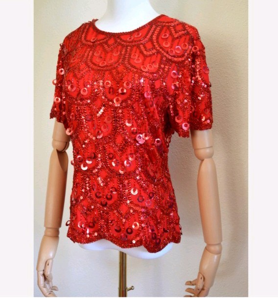 Vintage 1980s Red Beaded Top silk glam party sequin formal evening retro S M