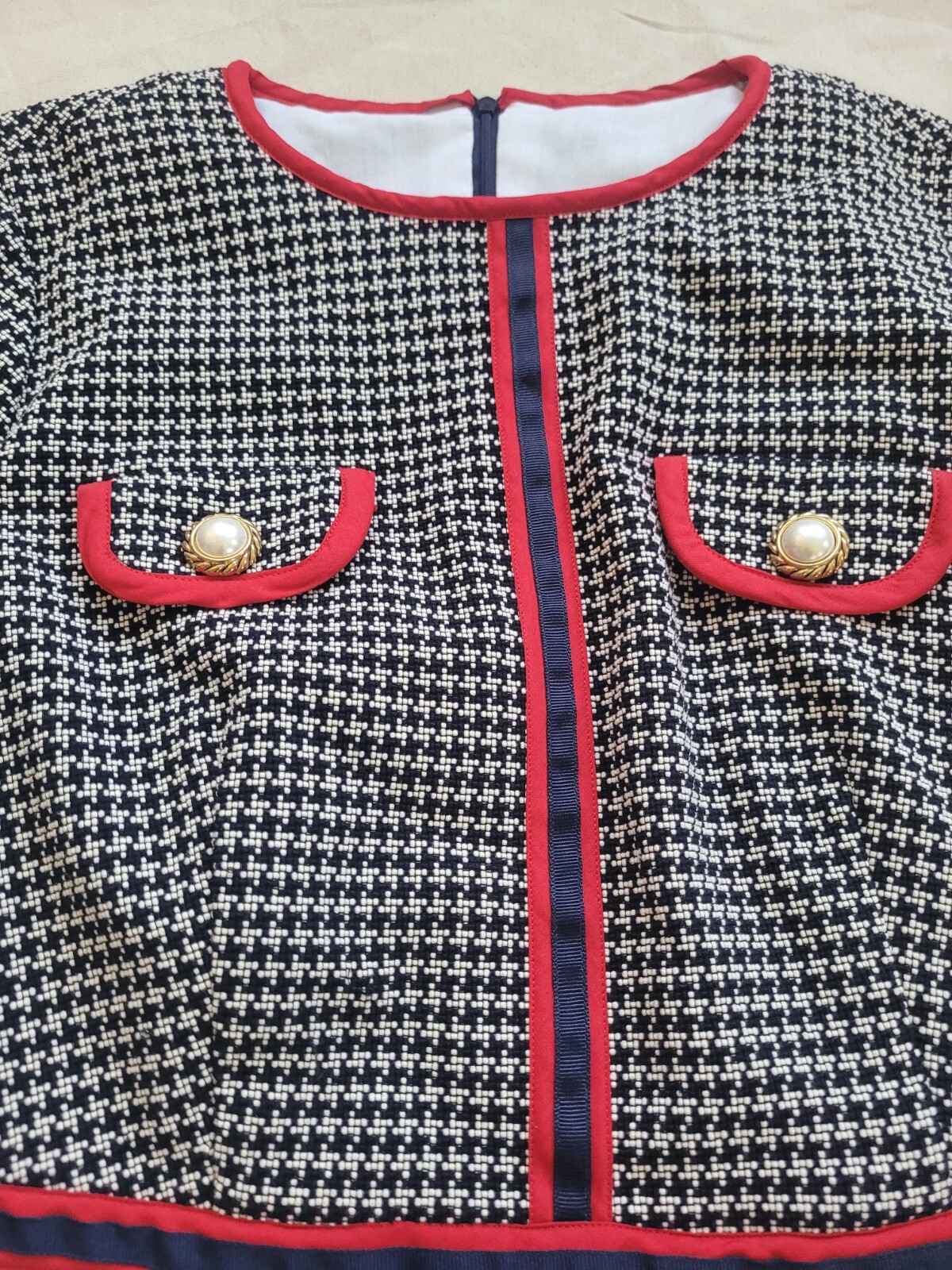 Vintage Handmade Tweed Kate Dress Elegant Classic Black White Red Trim Size M