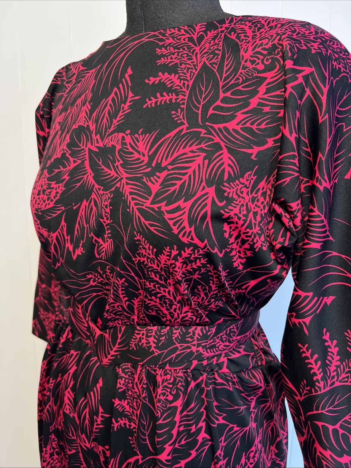 vintage Neon Fuchsia Pink black Botanical Palm Print 80s blouson dress size L