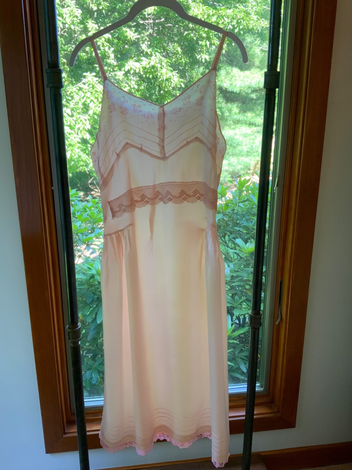 Rare 1930s Blush Pink Satin Boudoir Gown with Embroidery & Ribbon Sash-30DA