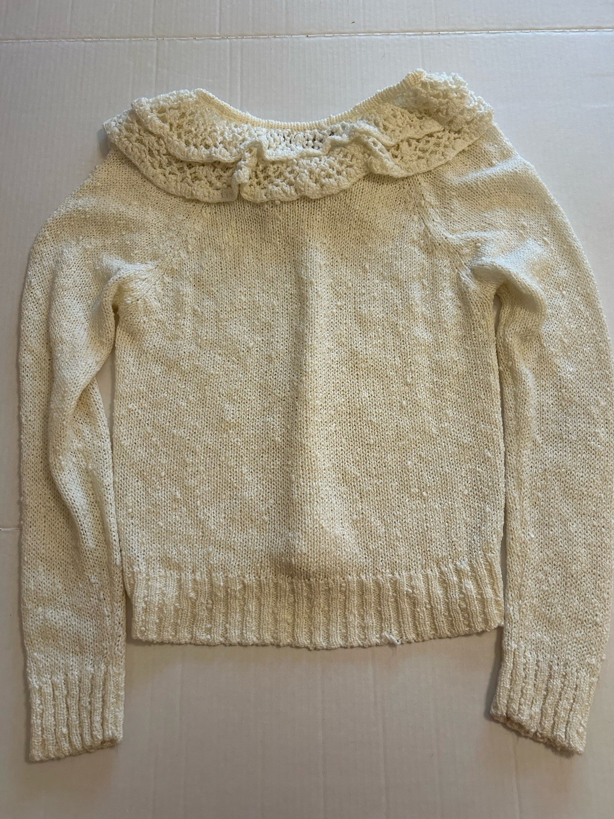 Vtg 80s LeRoy knitwear Ivory Sweater Sz Small Ruffle Crochet Cottagecore Frilly