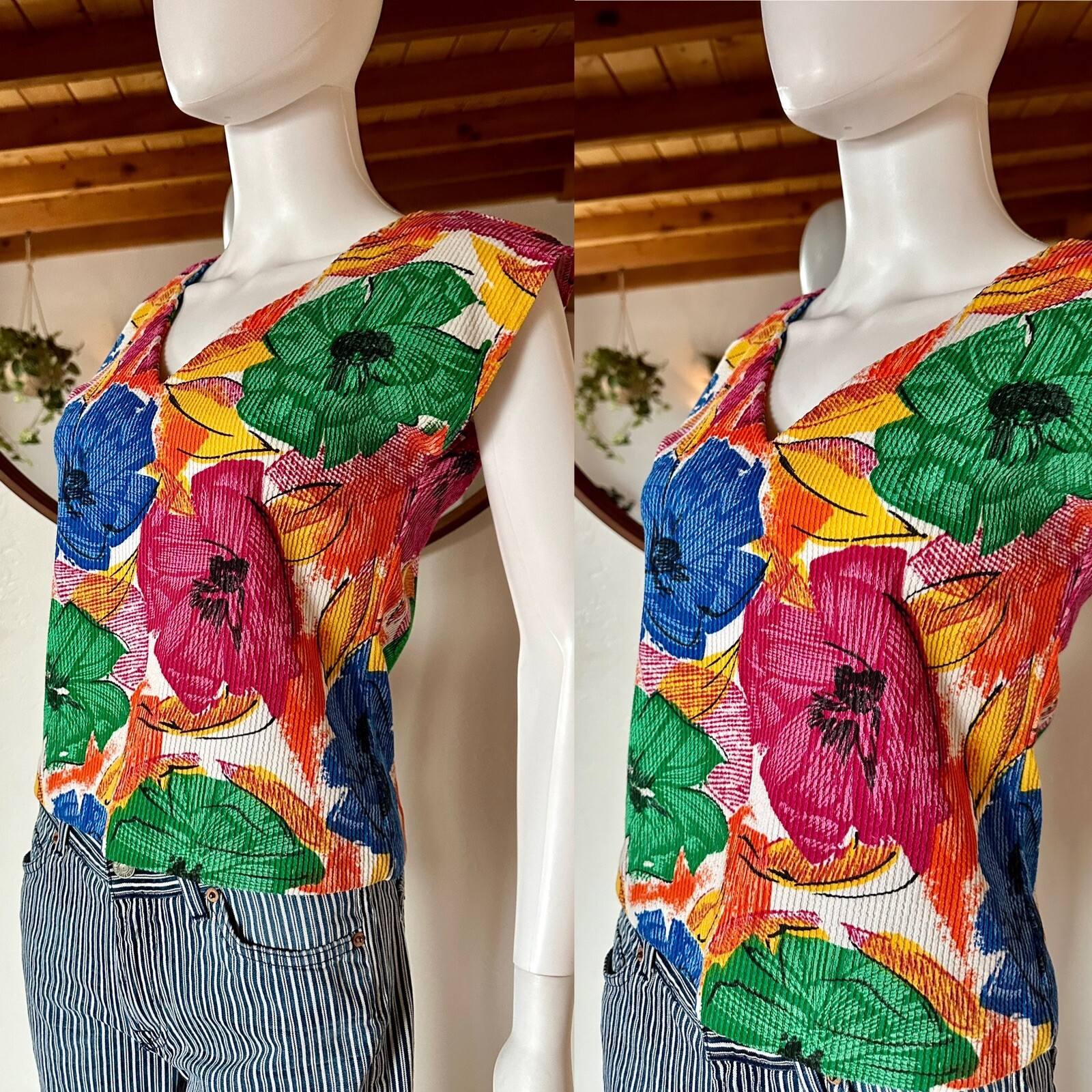 VTG 70’S IRRESISTIBLE II TROPICAL COLORFUL FLORAL PRINT CAP SLEEVE TOP S-M