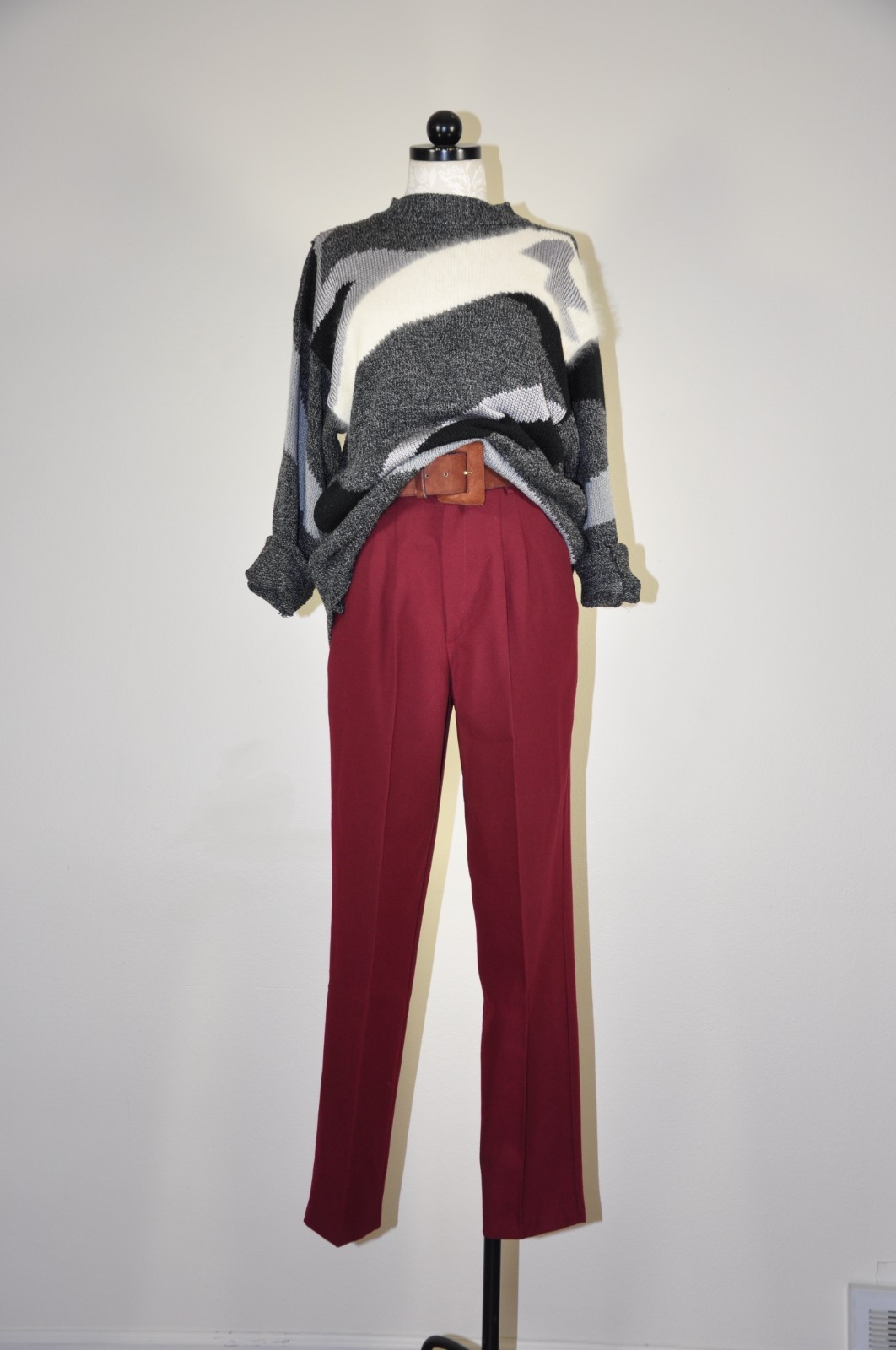 90s Vintage Gray Angora Rayon Colorblock Crewneck Boyfriend Sweater Women M L