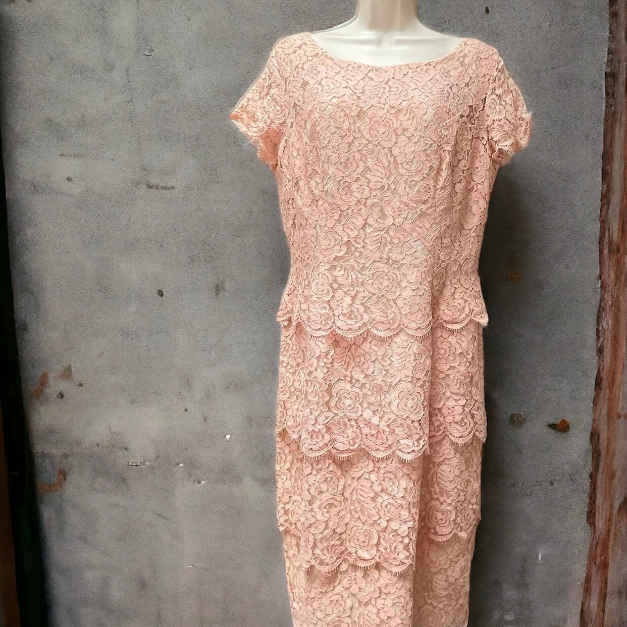 Cream Tiered Lace Lilli Diamond 1950’s Champagne Vintage Tea Dress Sz Medium