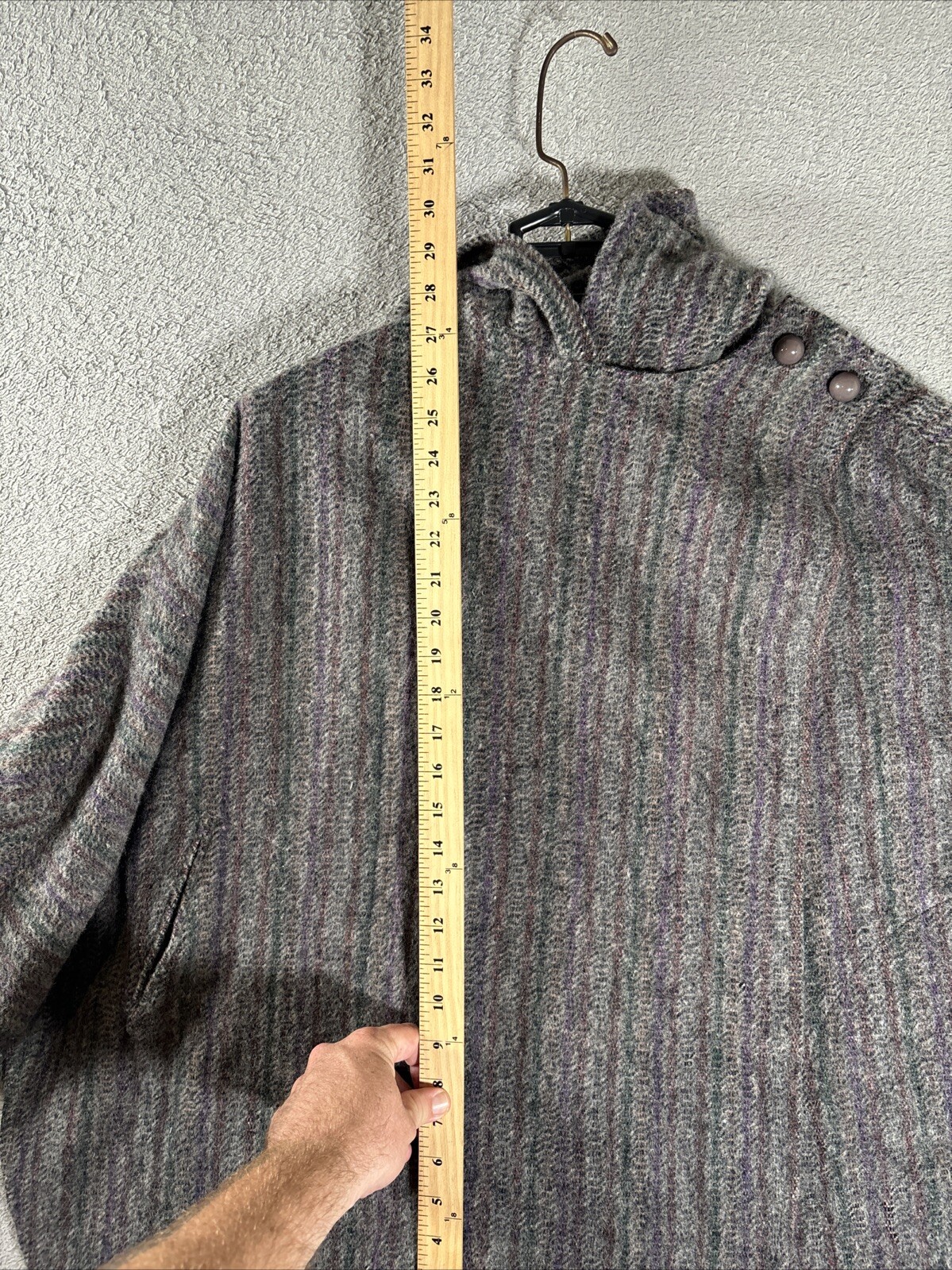 Vintage Claude Danielle Tweed Hooded Poncho Cape Grey Purple Red Women L-XXL