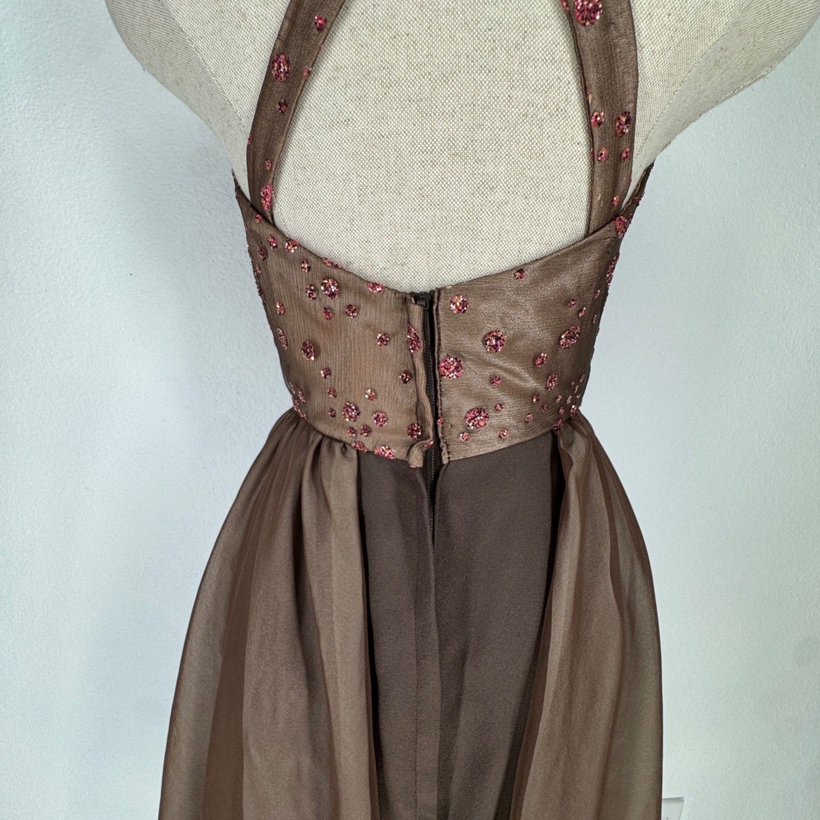 Vintage Handmade Brown Chiffon Glitter Polka Dot Evening Gown Dress Asymmetrical