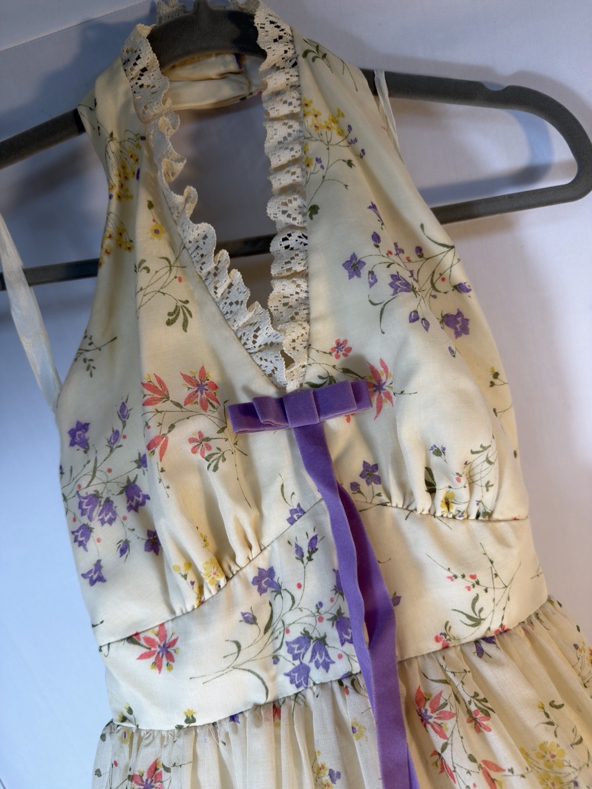 Vintage Nadine Prairie Maxi Dress Floral Halter Cottagecore Lace Tiered XS