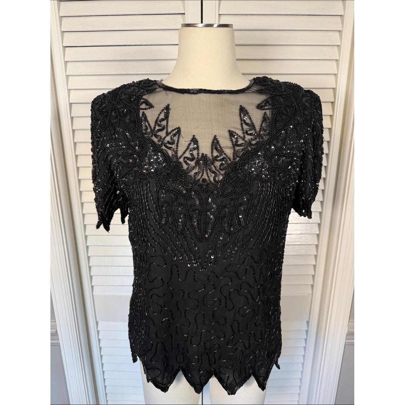 VTG Denise Elle Silk Beaded Sequin Blouse Black Mesh Scalloped Medium