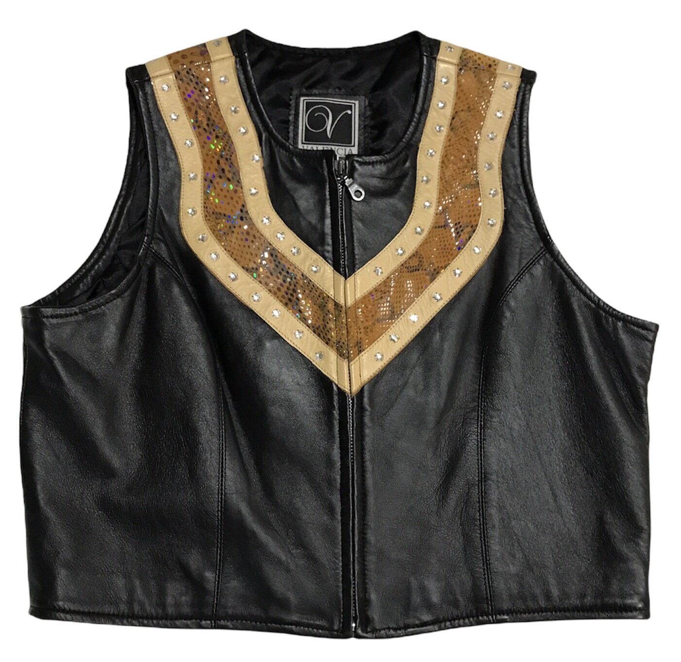Vintage Valencia LEATHER Studded Rhinestones Show Riding Vest L Satin Lining YKK