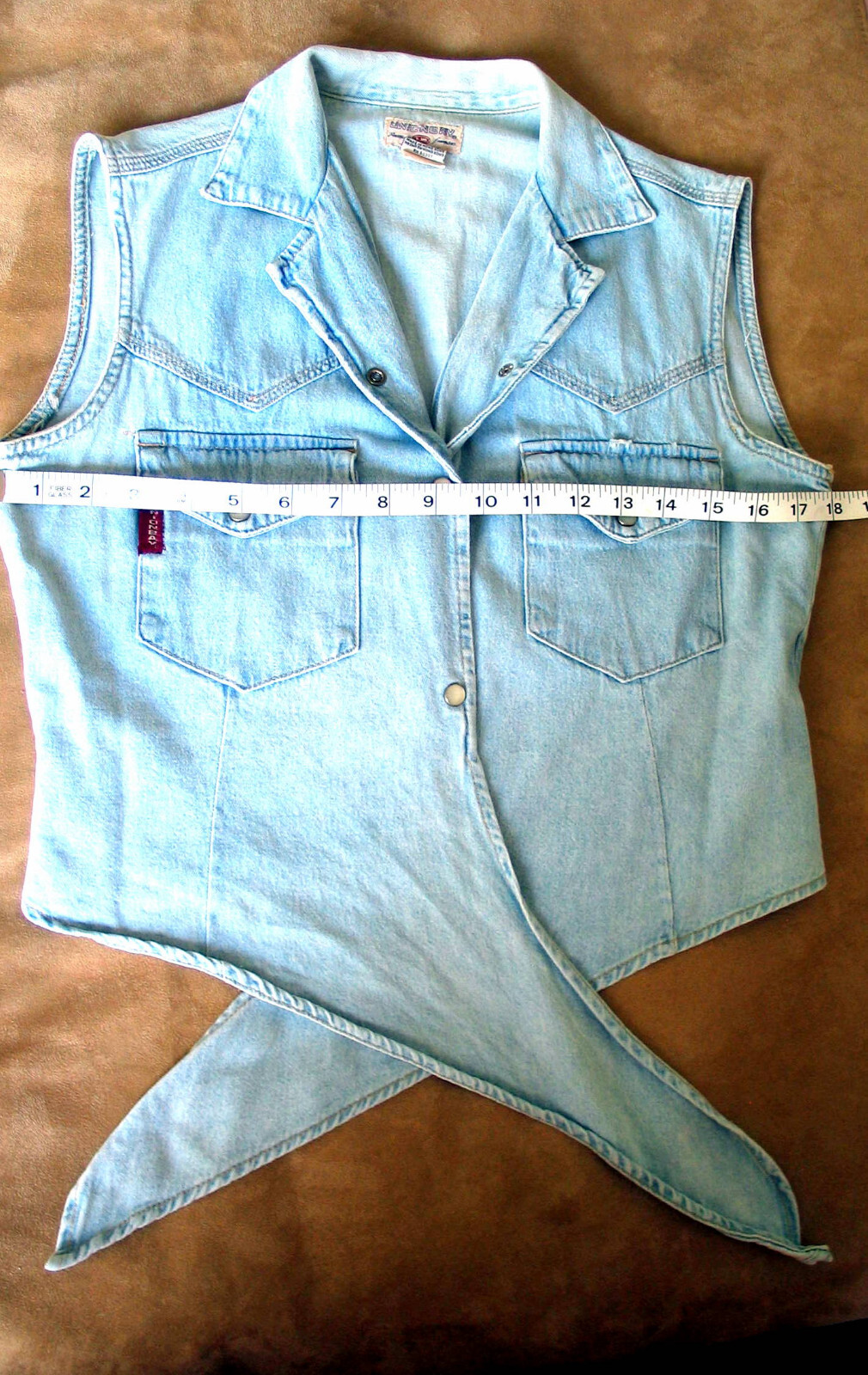 Embellished matching VTG denim Gap skirt and jeans + Union Bay vest set, sz S/M