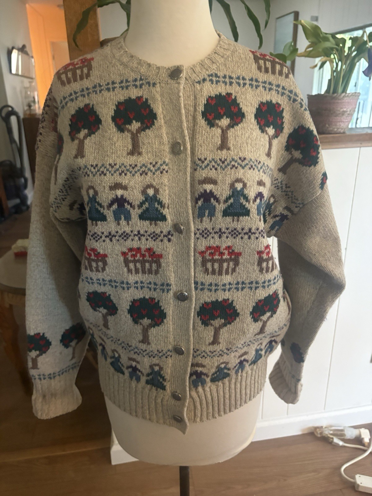 Vtg 1980s Charter Club By Jane Justin Heritage Wool Knit Sweater Apple Trees Med