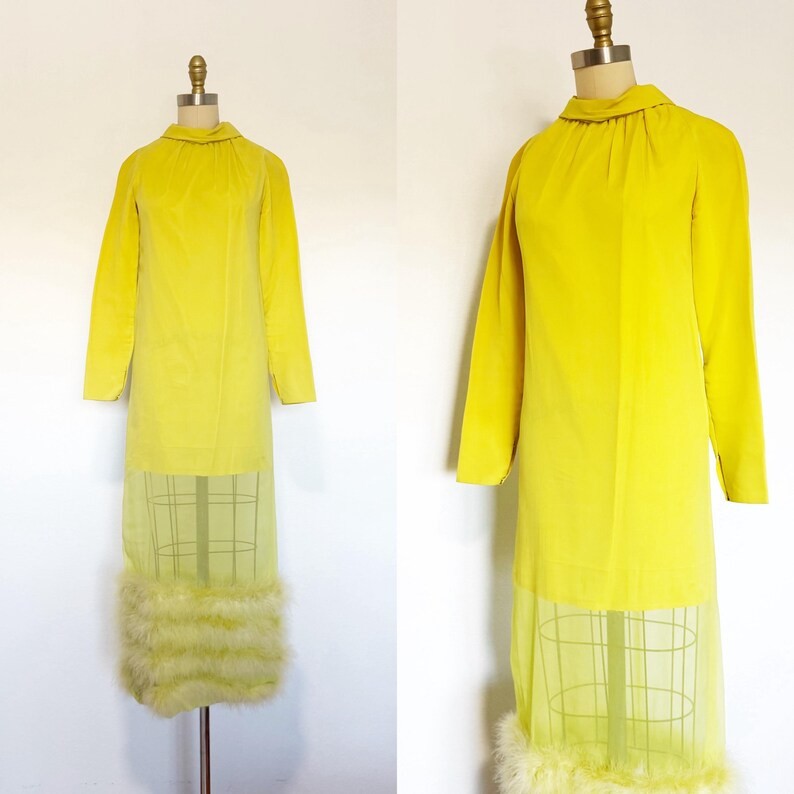 1960s Gown / Chiffon Gown / Marabou Feather Gown / Size Medium