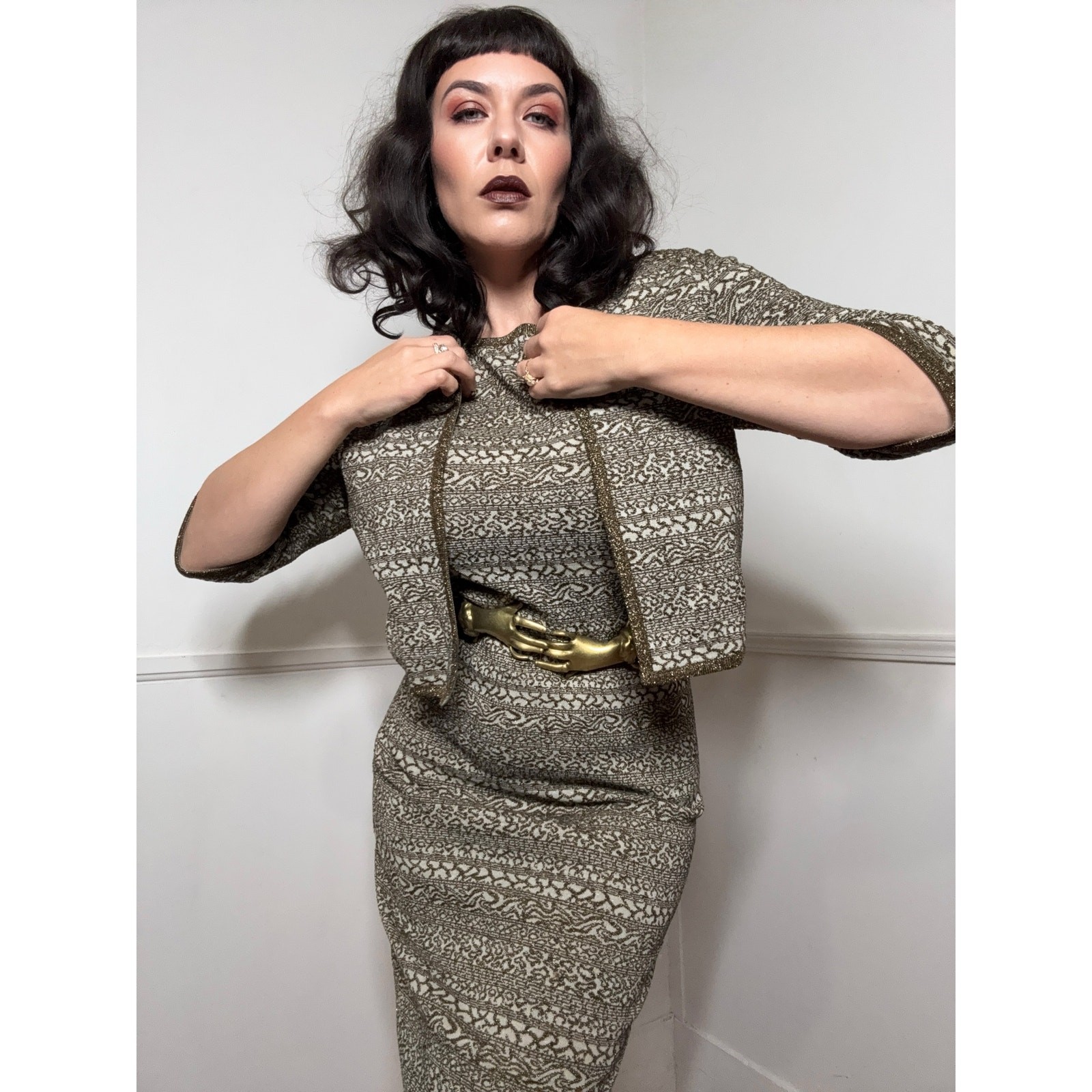 Medium to Large 1960s Vintage Metallic Jacquard Dress and Cardigan by Tannél