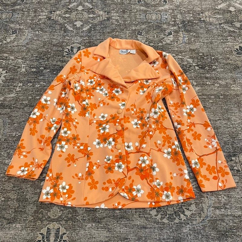 Vtg 70s Alfred Shaheen Hawaii Floral Blazer Jacket Orange Cherry Blossom Sz 12