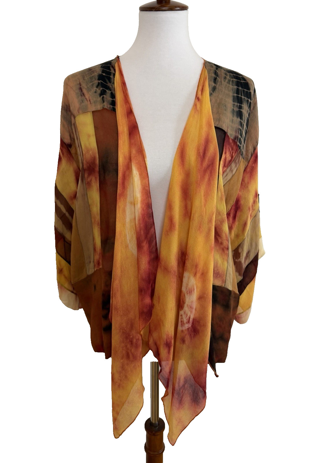 Vtg Sterling Styles Sunset Tie-Dye Batik Art Silk Kimono Top O/S Tie-Front Boho