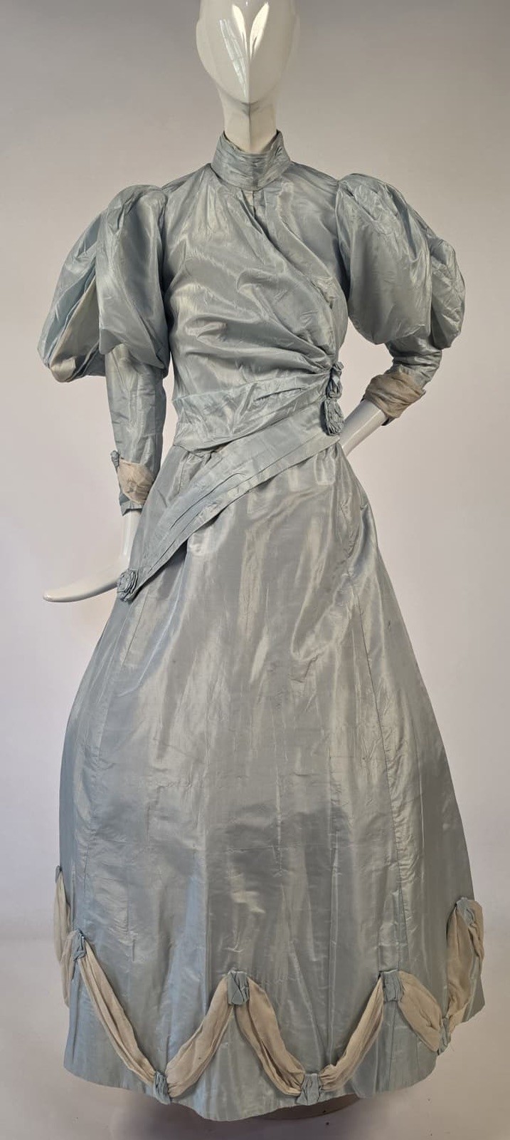 VICTORIAN 1890’S ROBIN’S EGG BLUE SILK TAFFETA BUSTLE DRESS W UNUSUAL SLIT PUFF