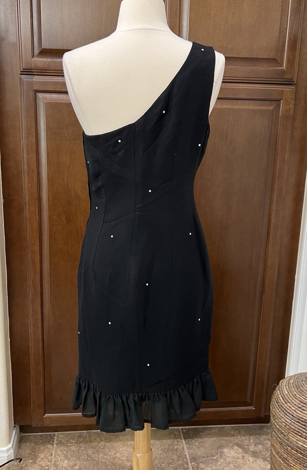 1950’s Lilli Diamond Black Cocktail Dress Rhinestones One Shoulder Ruffled Hem