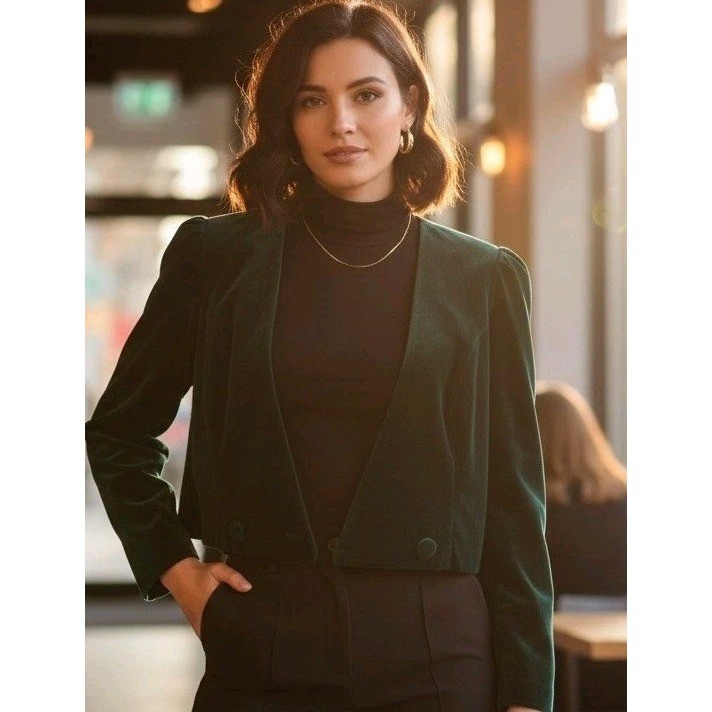 Vtg Maggie Breen Velvet Cropped Jacket Women 10M Green Puff Sleeve USA Retro 80s