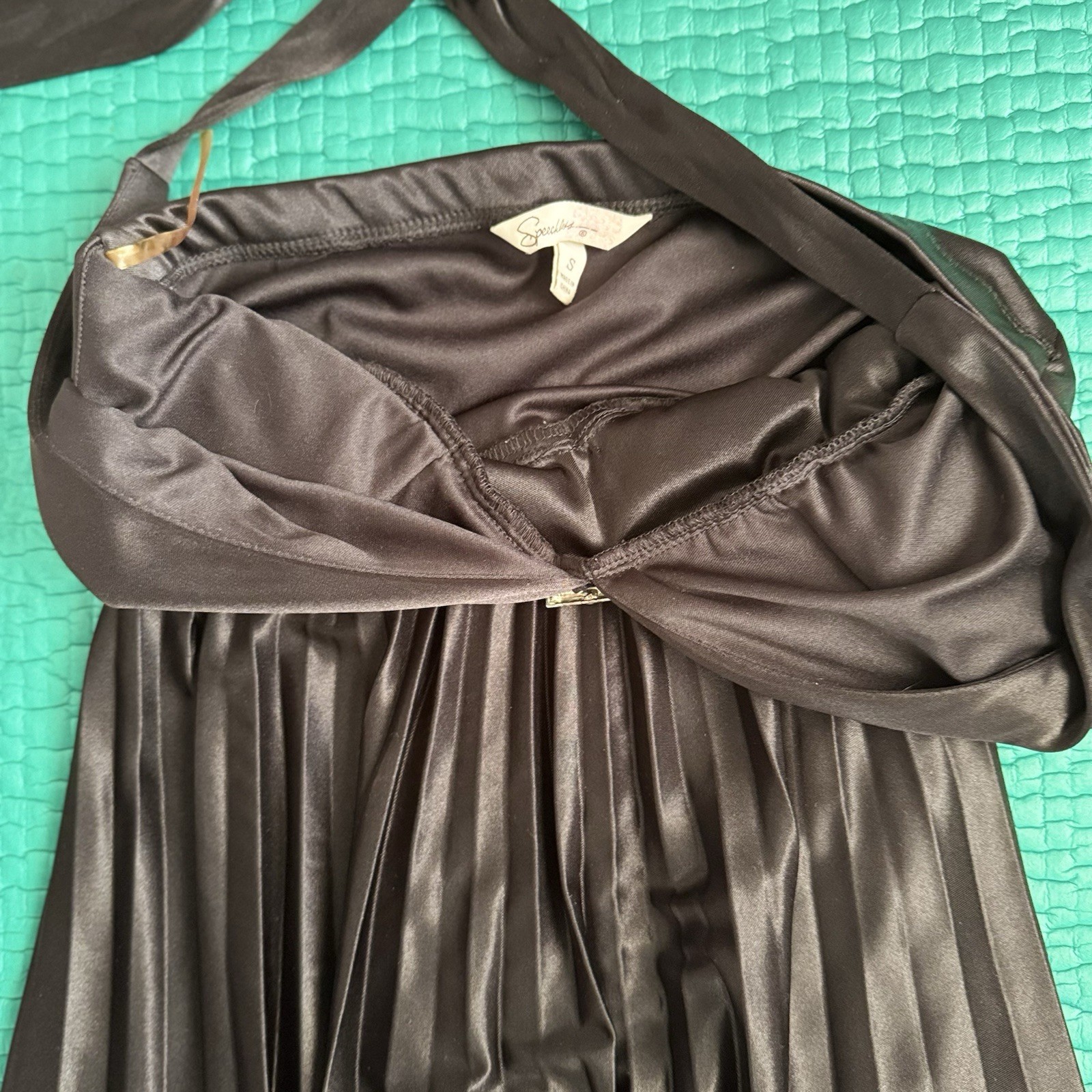 Vintage Y2K Speechless Midi Party Dress Halter Pleated Satin Black Sz S 2000s
