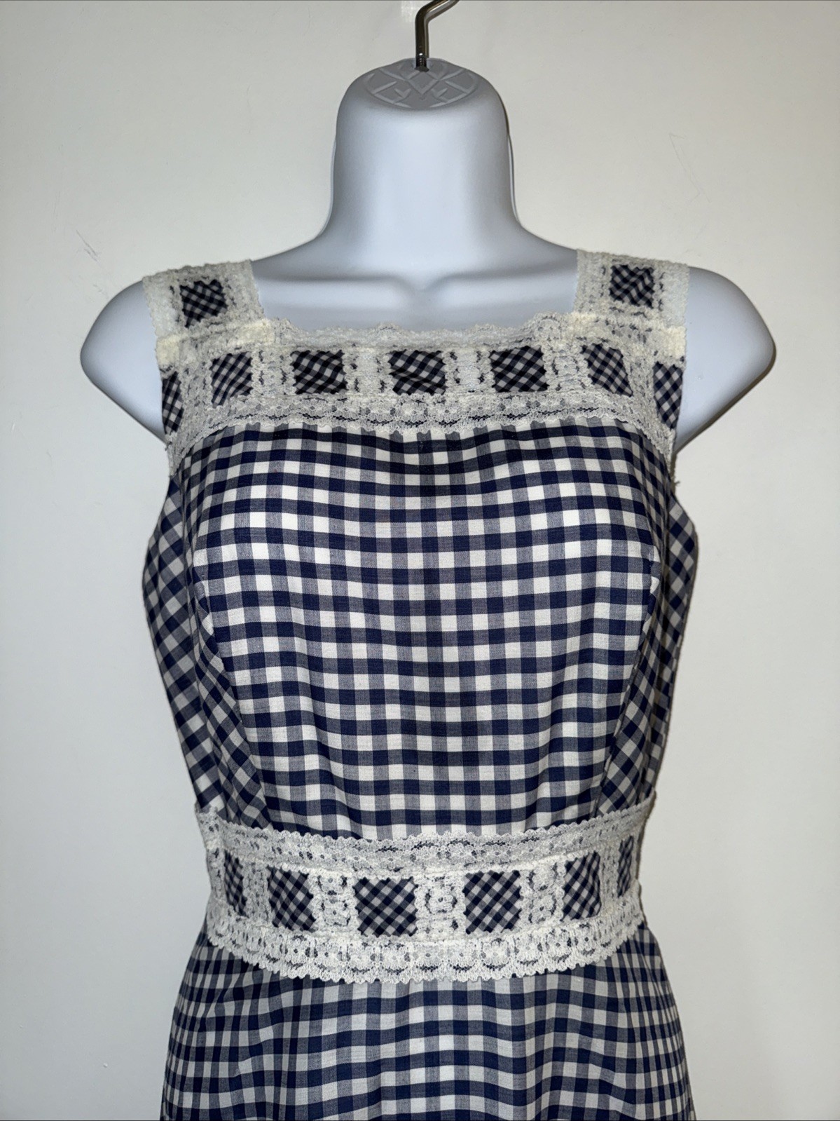 70s VTG Maxi Dress Blue White Gingham Lace Tiered Prairie CottageCore Unique