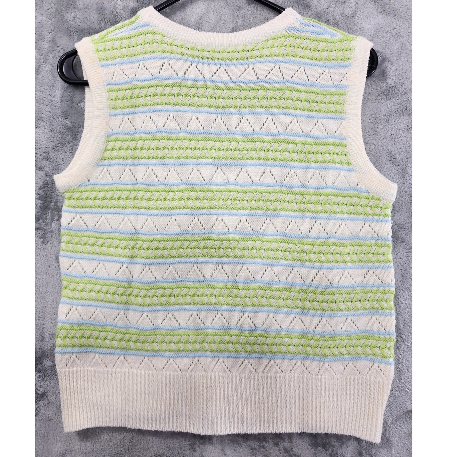 Vintage Sweater Womens XS Cream Green Blue Striped Pointelle Cardigan Twin Set