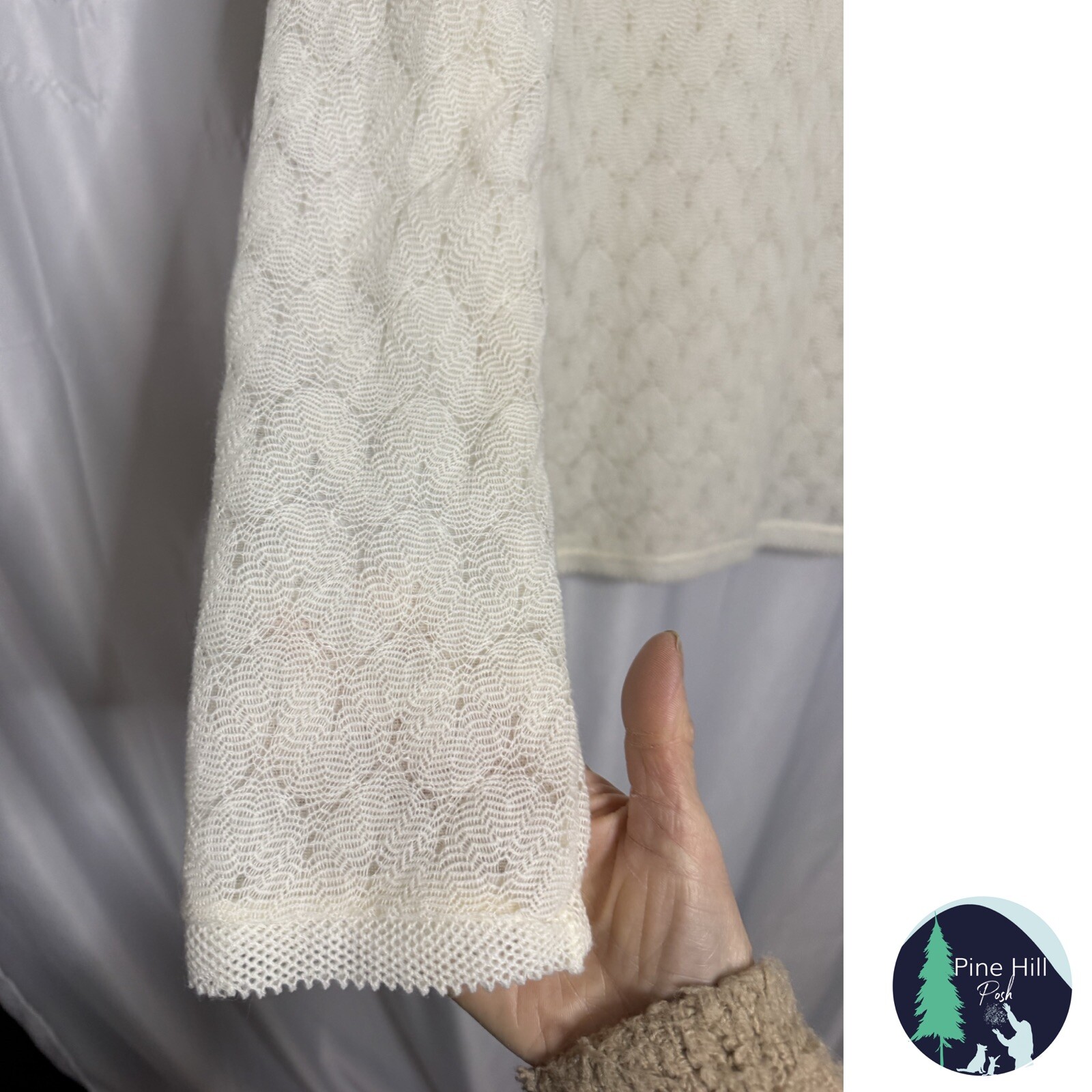 Vintage 70s Terry Turner Cardigan Sweater Sz Large Ivory Crochet Chiffon Lined