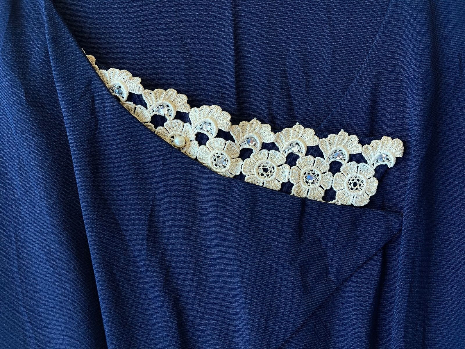 40’s 50’s Navy-Blue Rayon Lace-Beaded Collar Dress Lady Petite Size S/M