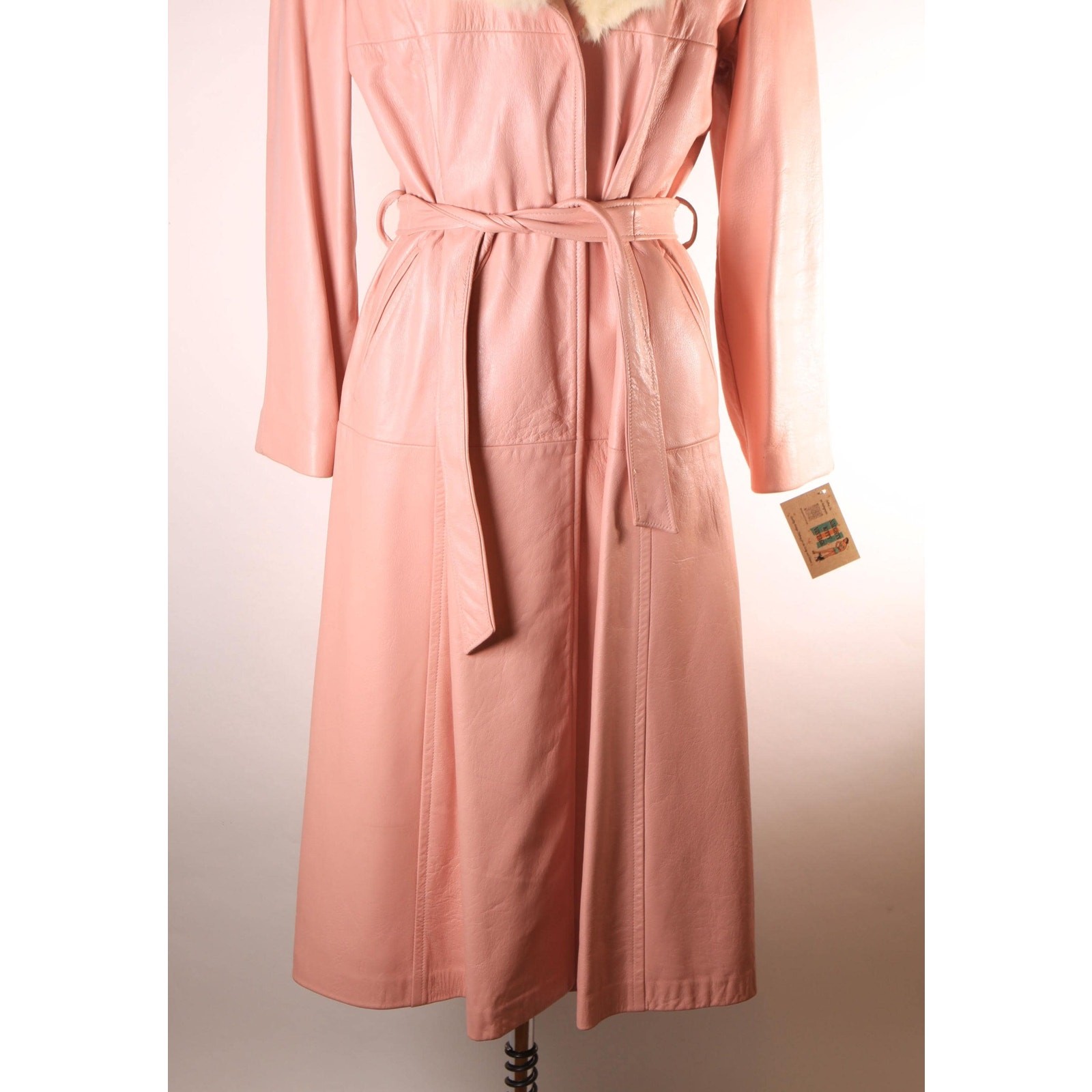 1970s Pink Leather Cream Fox Fur Trench Coat by New England Sportswear Company