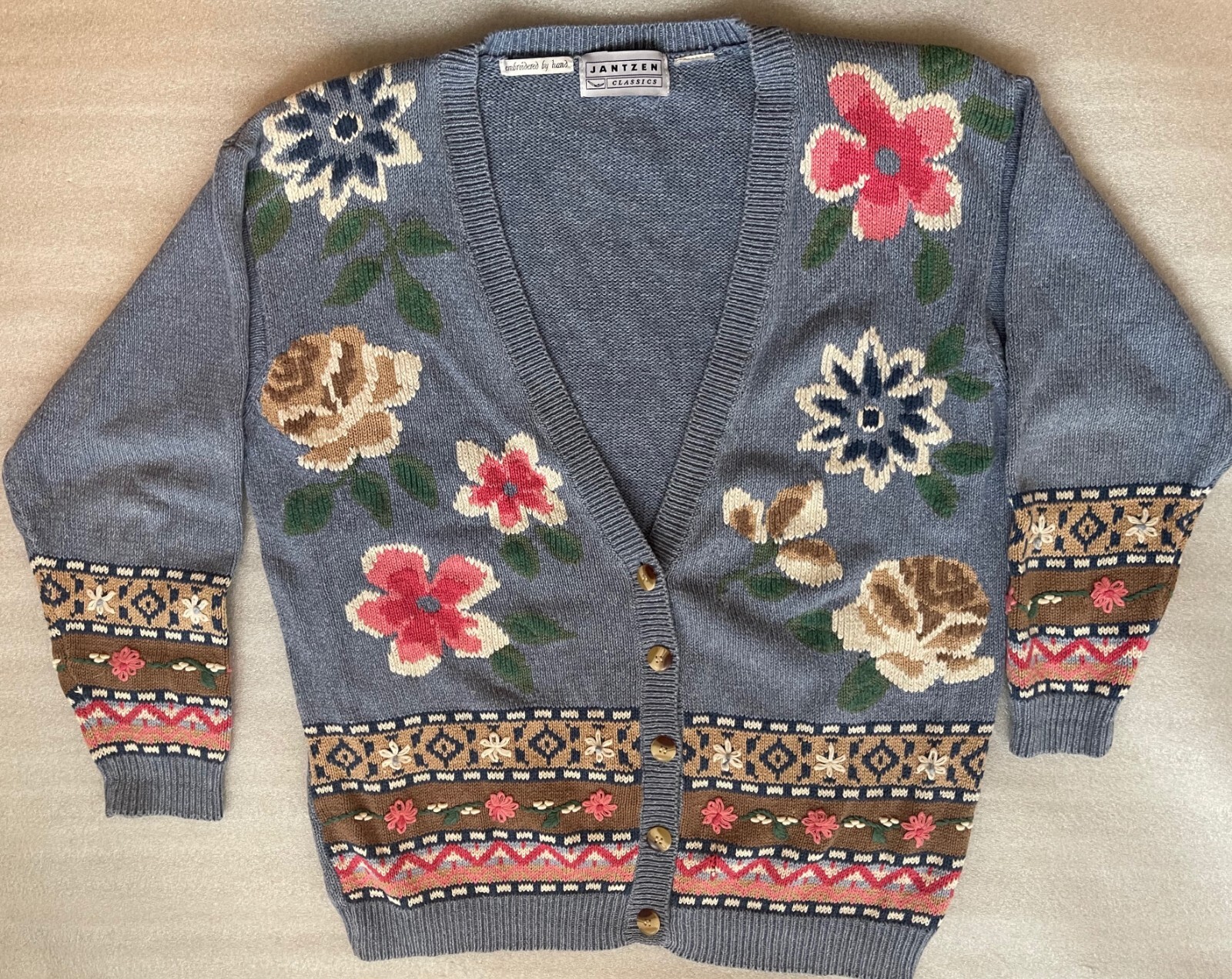 Y2K JANTZEN CLASSICS, RAMIE COTTON KNIT BLUE CARDIGAN HAND STITCHED FLOWERS, EUC