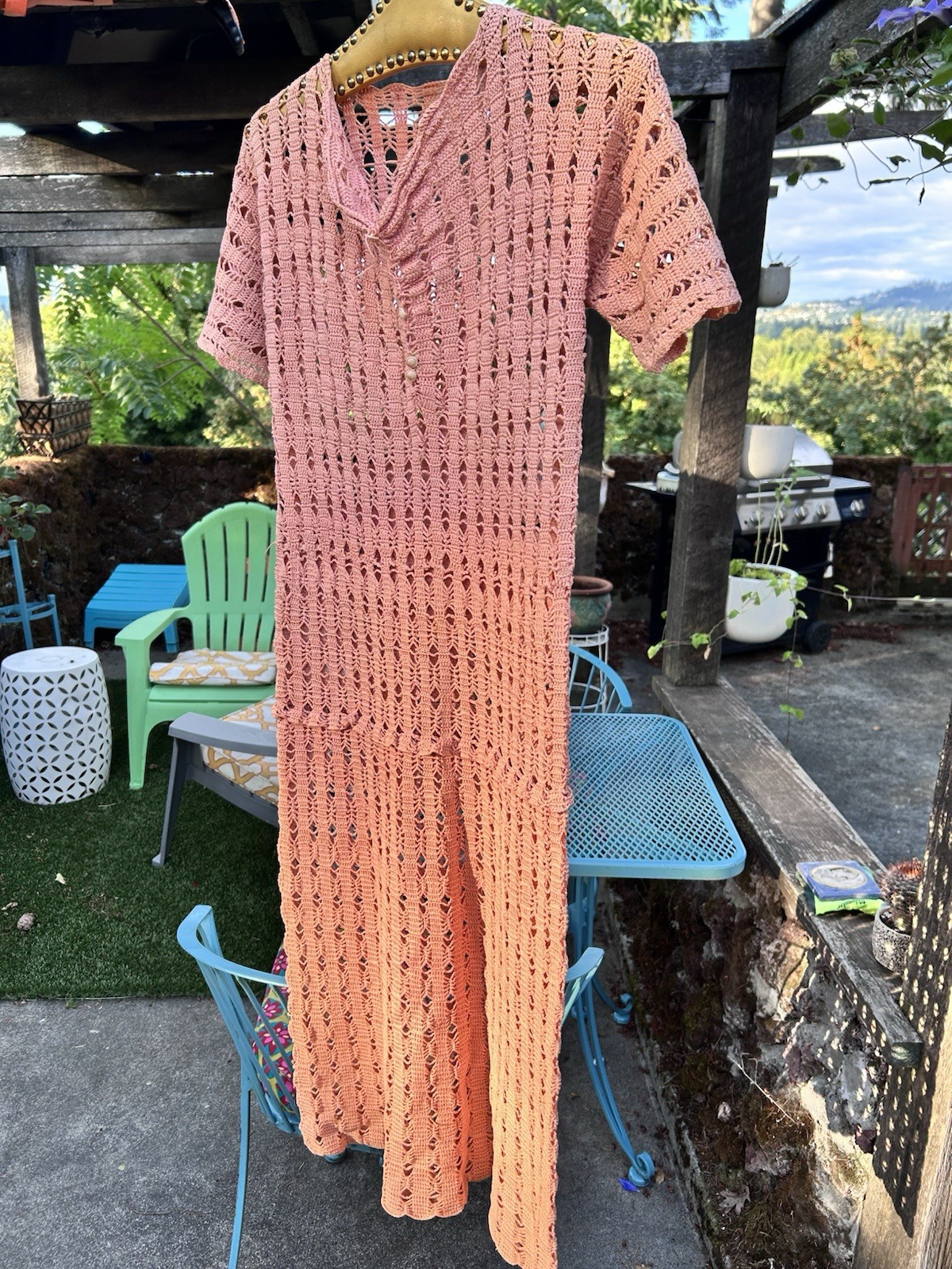 Vintage 1930s 40s Pink Crochet Dress Midi Stretch Art Deco Knit Flapper Sz M