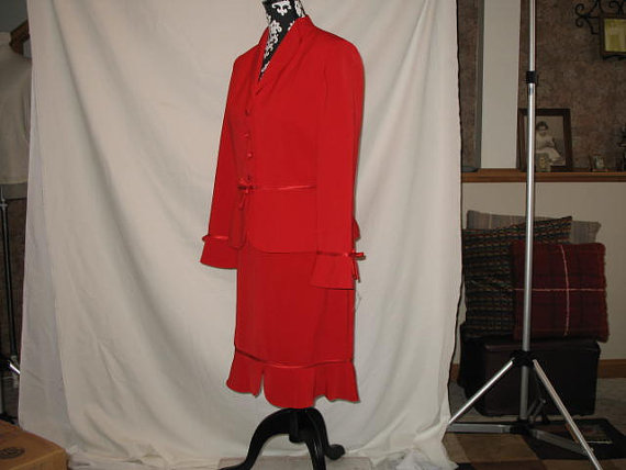 Vintage 1980’s Holiday Christmas Retro Edwardian Red Dress Jacket and Skirt