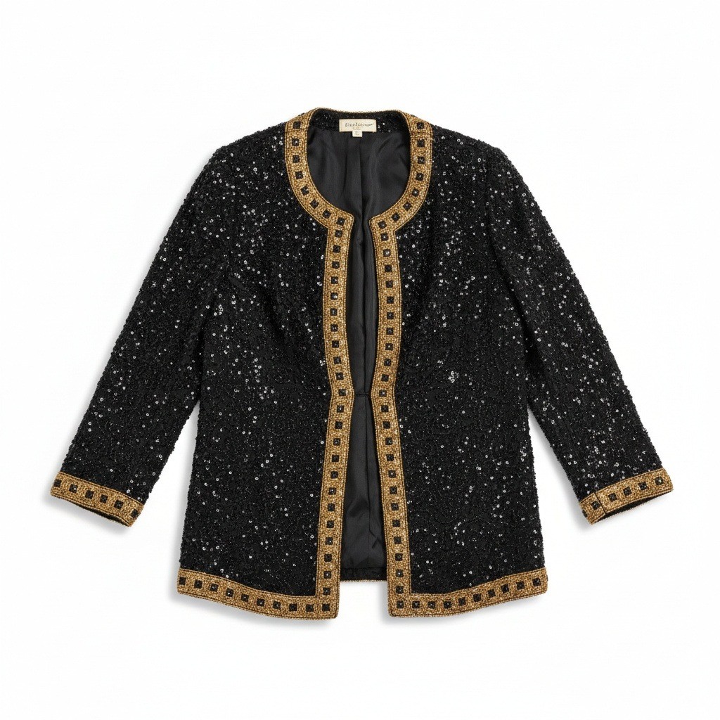 Stenay Vintage Black Silk Beaded Sequin Evening Jacket, Gold Trim, Woman’s Small