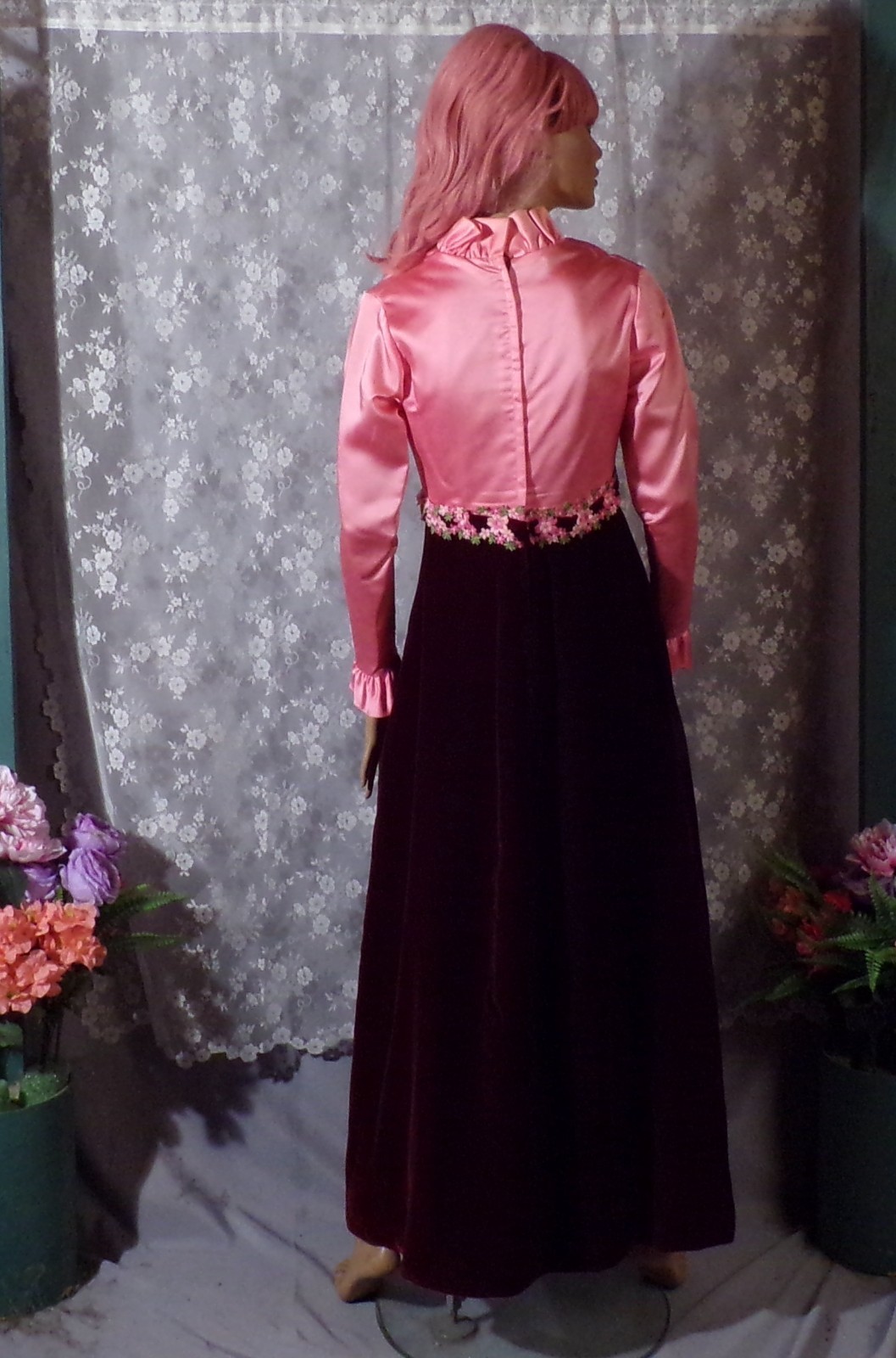 Vintage 70s Satin & Velvet Maxi Dress Size Small 1970s Retro Peasant Boho Hippie
