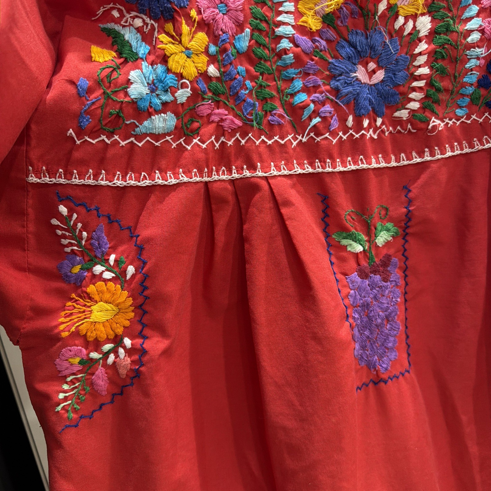VTG Hand Embroidered Oaxaca Mexican Folk Art Dress Floral Motifs Women Size L